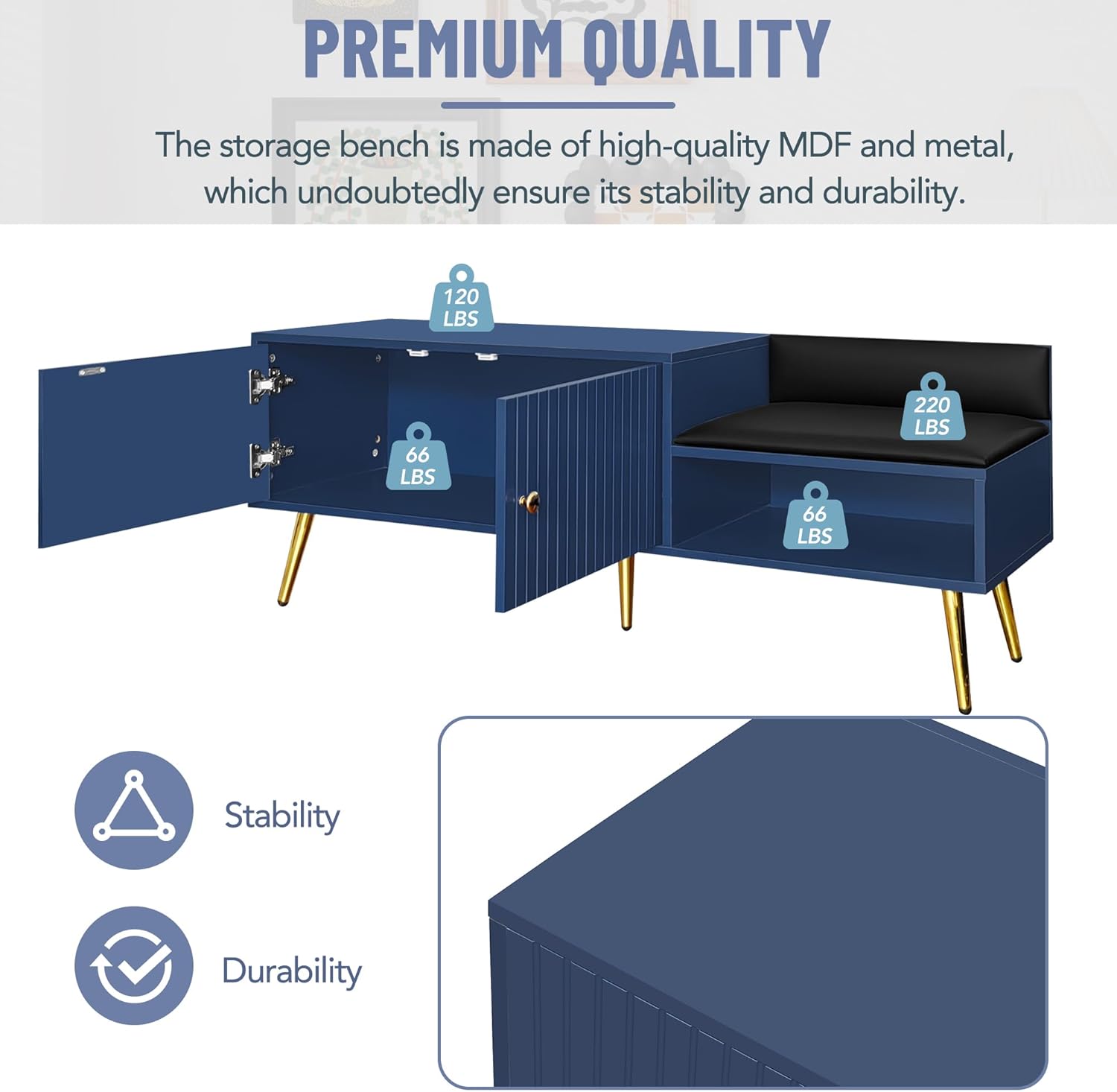 Navy Upholstered Shoe Storage Bench with Gold Accents and Cabinet
