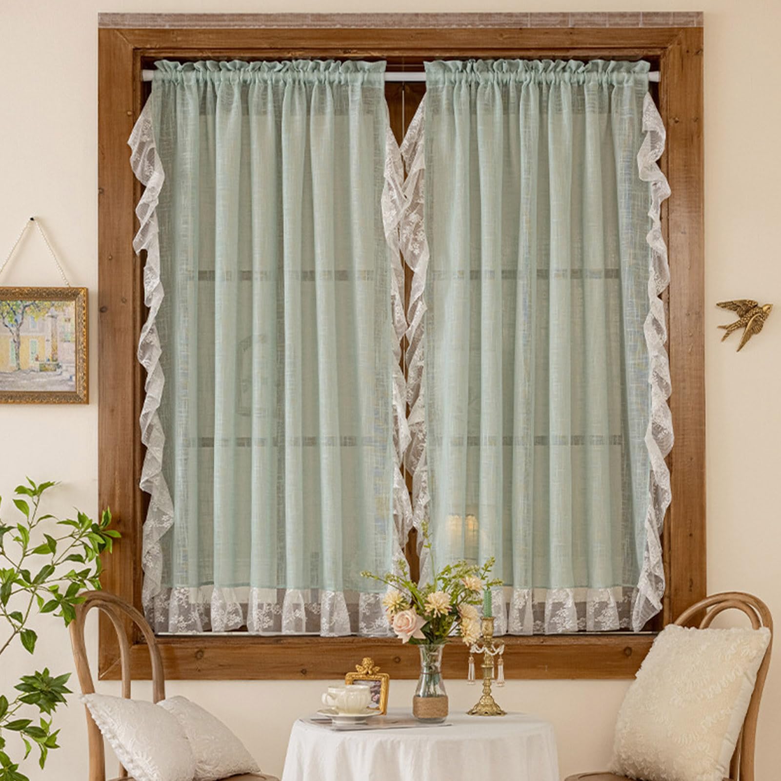 ZZYK Valances for Windows Small Chiffon Curtains for Kitchen Living Room Cafe Laundry Basement,Privacy Lace Top Rod Pocket Washed Gauze Short Curtain,Green,106" W x 79" L