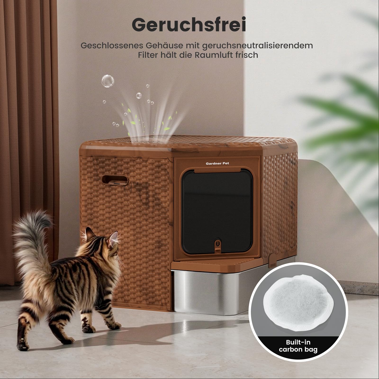 Gardner Pet Katzentoilette, 50x50x50 cm, Edelstahl Tablett, Rattan-Optik | Ausziehbares Edelstahl-Tablett, Für große Katzen, Aktivkohlefilterfunktion