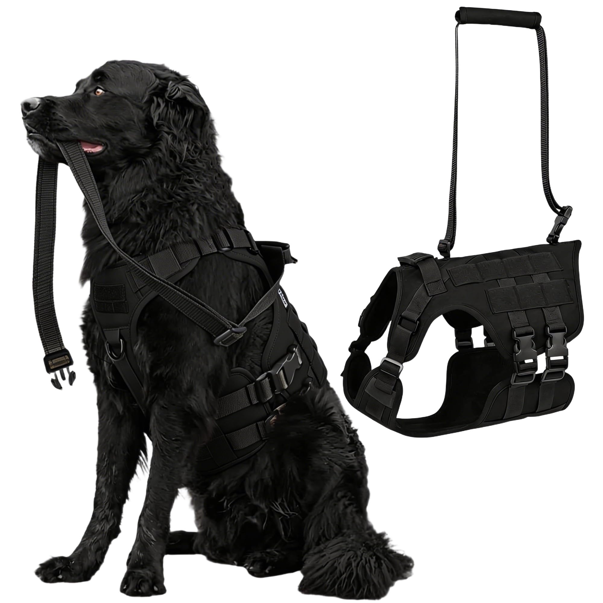 Imbragatura Tattica per Cani - Controllo Anti-trazione a 3 Punti | Oxford 1000D Resistente | Maniglie di Sicurezza Regolabili da 59 Pollici(Black,L)