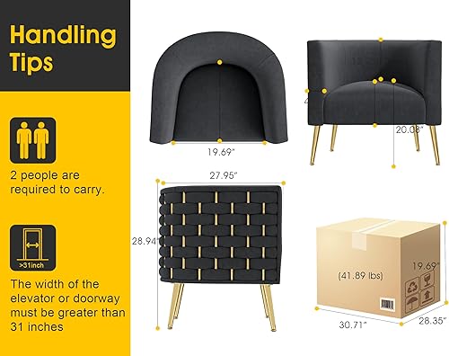 Miniatura 2 de Silla moderna de terciopelo con diseño de barril, cómoda y ancha tejida a mano con brazos tipo cubo, silla individual tapizada esponjosa para sala