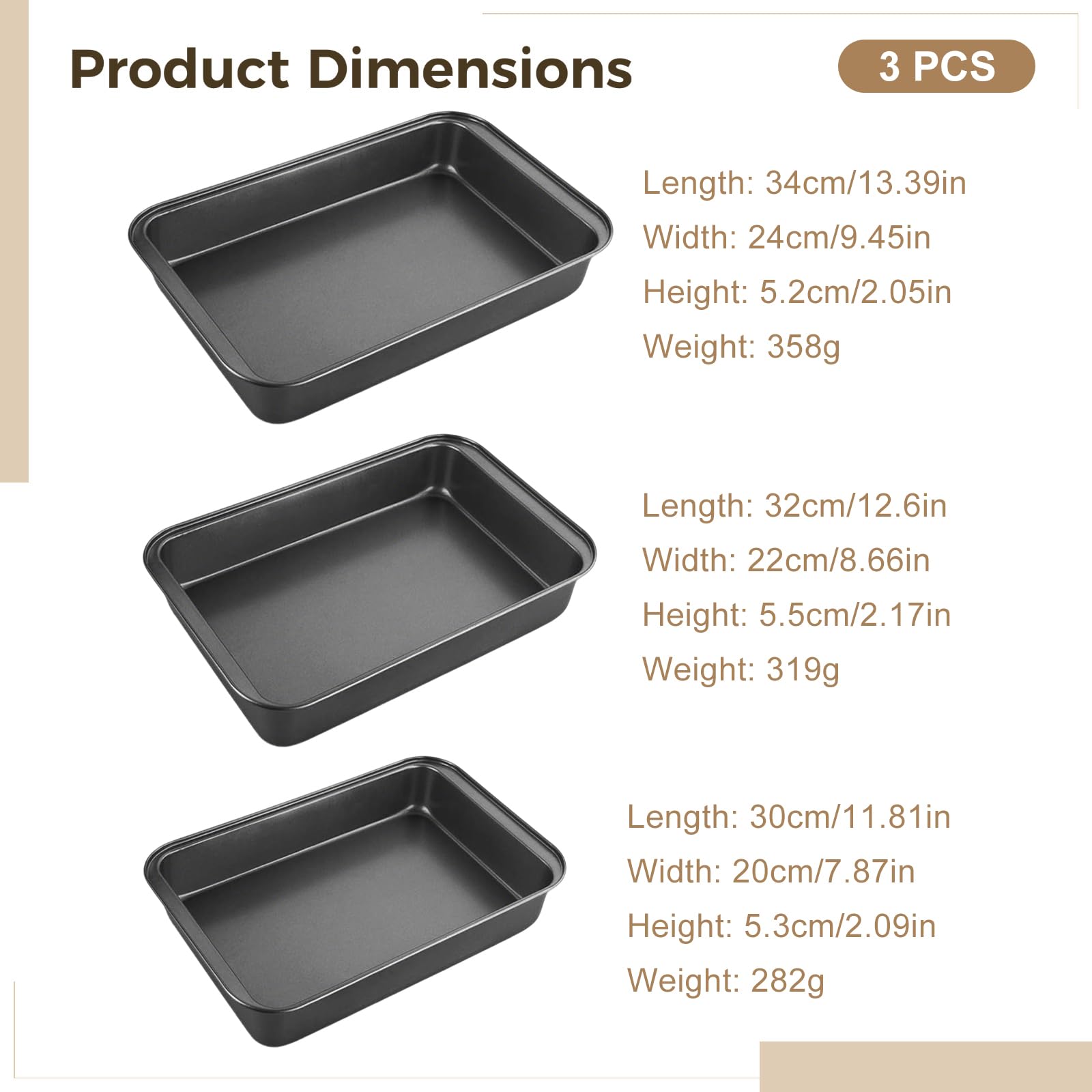 Lot de 3 plaques de cuisson pour four, moules à rôtir en acier au carbone, set de moules à gâteau rectangulaires, 11,8, 12,6 et 13,4 pouces, plats profonds pour cuisiner, rôtir et cuire