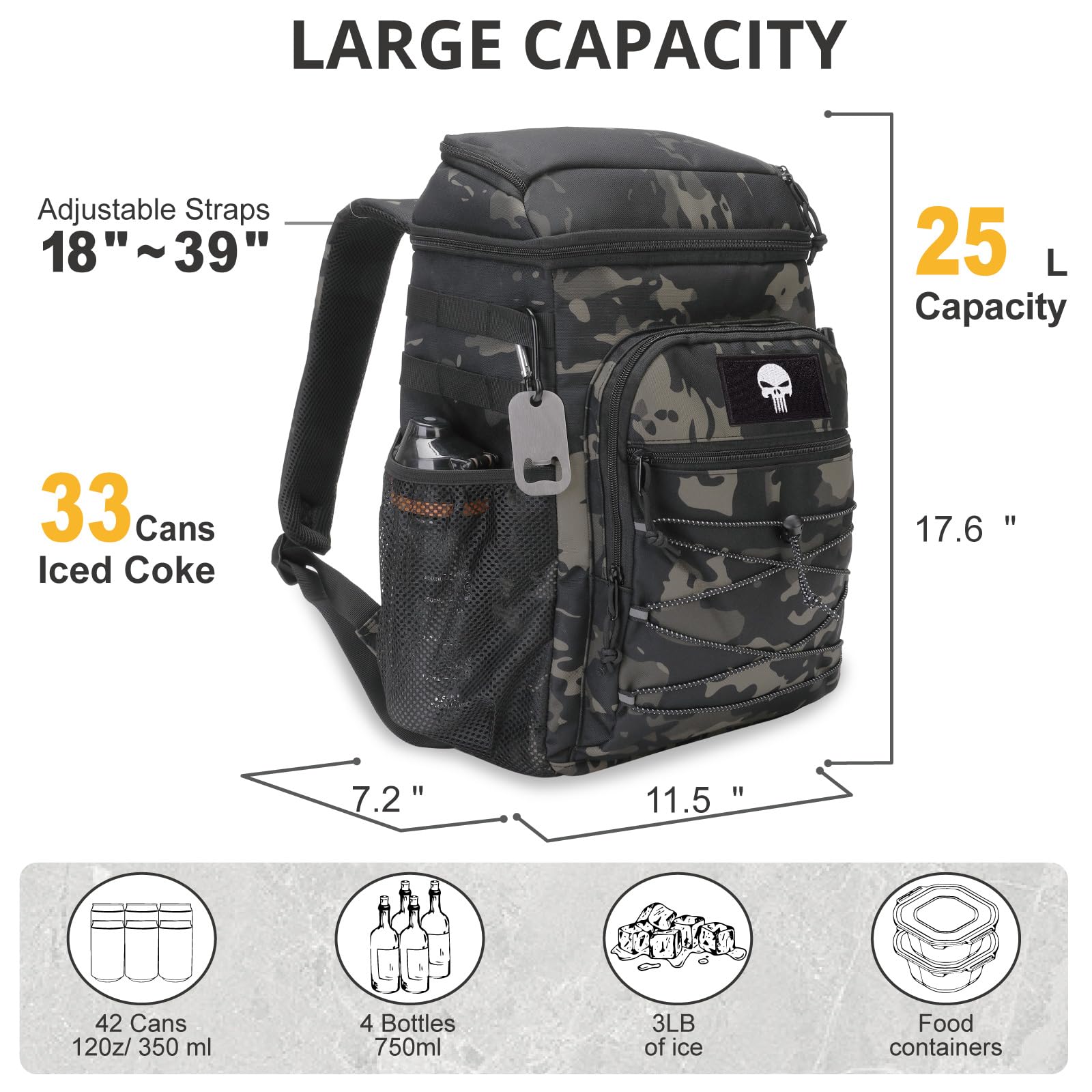 Zaino Frigo Tattico 25L Isolato e Impermeabile – Zaino Termico Robusto a Prova di Perdite, Borsa Frigo da Spalla per Pranzo, Ideale per Uomo e Donna per Lavoro, Escursioni, Campeggio, Spiaggia e Gite