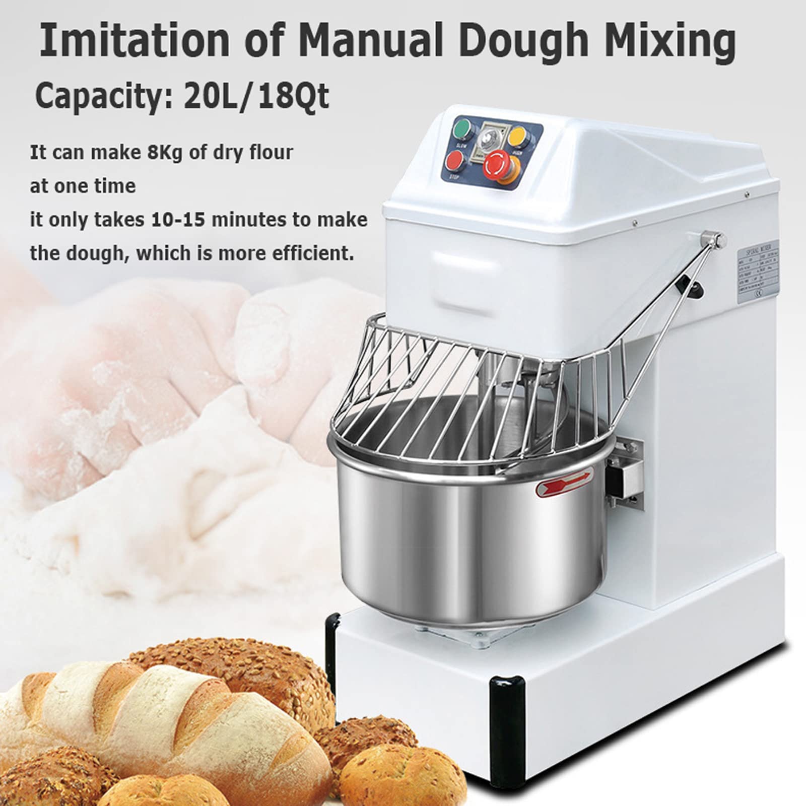 INTBUYING 18Qt Commercial Dough Food Mixer Kneading Machine Flour Blending Mixing Machine 2 Speed Dough Agitator Stainless Steel Stand Bread Pizza Dough Kneader 1500W with Timing Function 110V