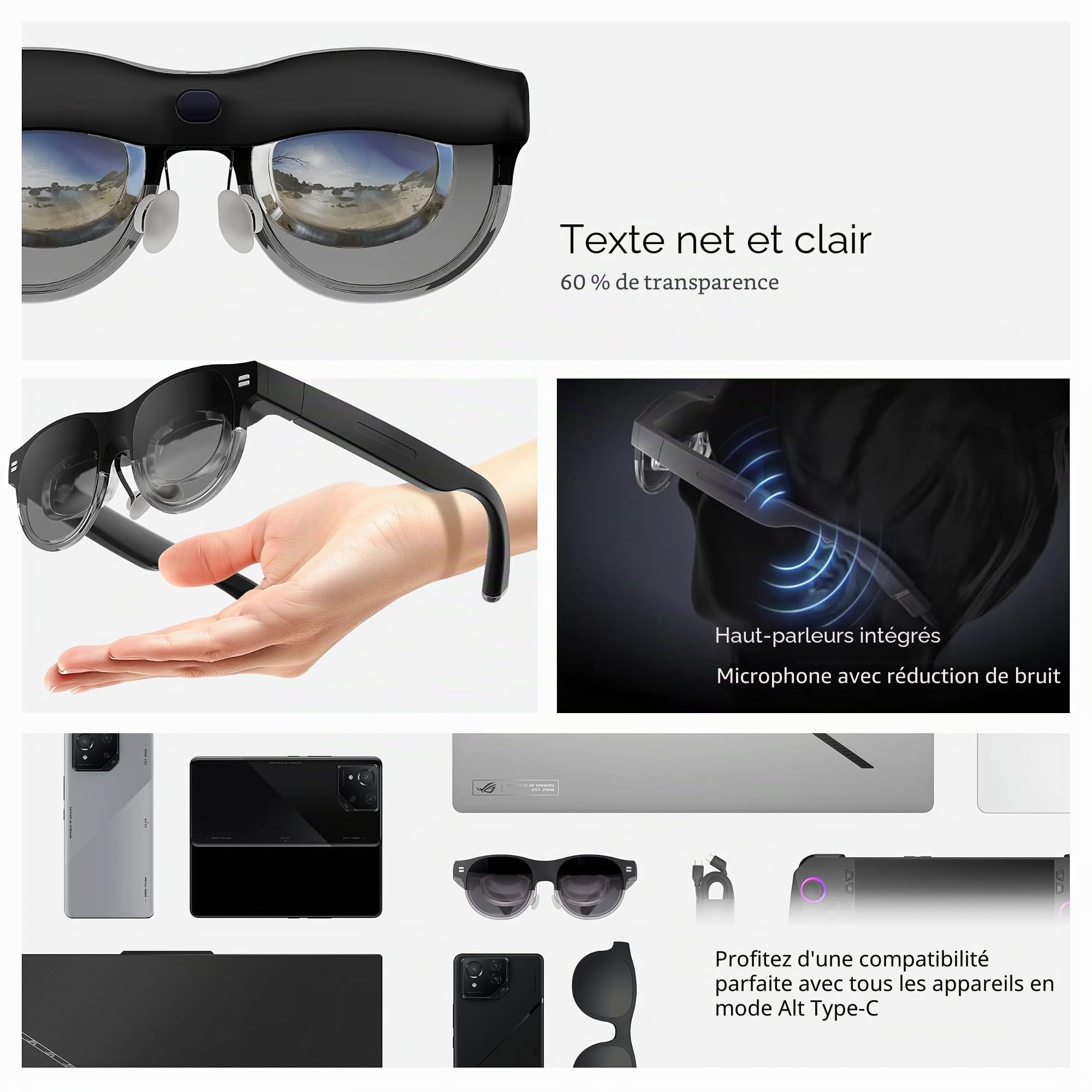 ASUS AirVision M1 Lunettes intelligentes Portables 100" 1100 nits 95% DCI-P3 compatibles ROG Ally PC Windows TÜV Rheinland