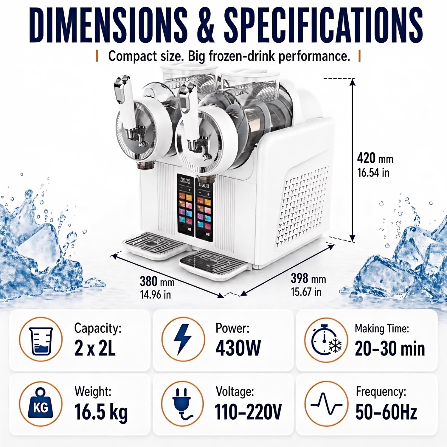 Máquina De Granizados De 430 W, 2 L*2, con Temperatura Ajustable, Pantalla LED, Autolimpieza Y 7 Funciones para Preparar Bebidas Frías: Helados, Frappés, Batidos Y Margaritas Frías. White