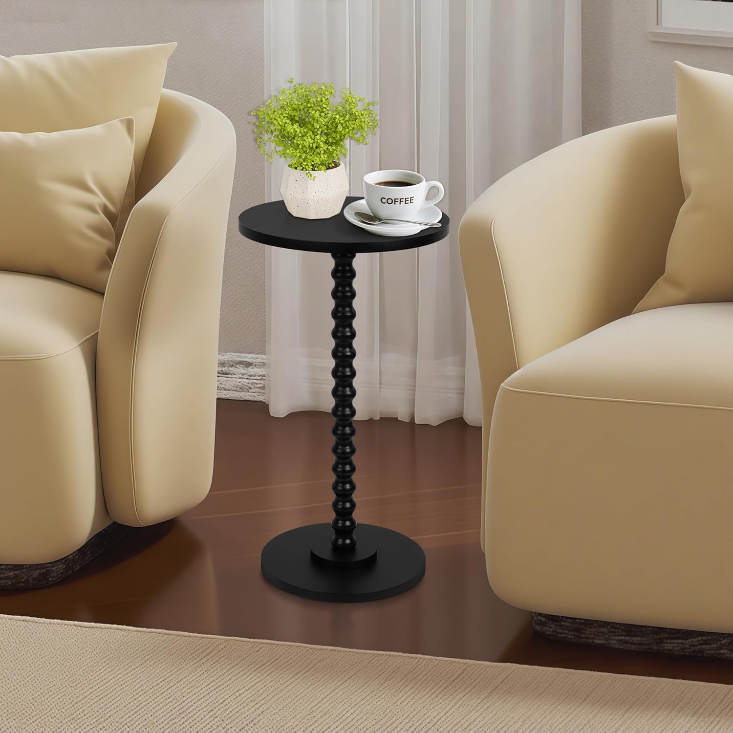 Round Side Table, Small End Table for Small Space, Modern Accent Table with Solid Wood Leg, Easy Assembly for Living Room, Bedroom, Corners, and Office (Black)