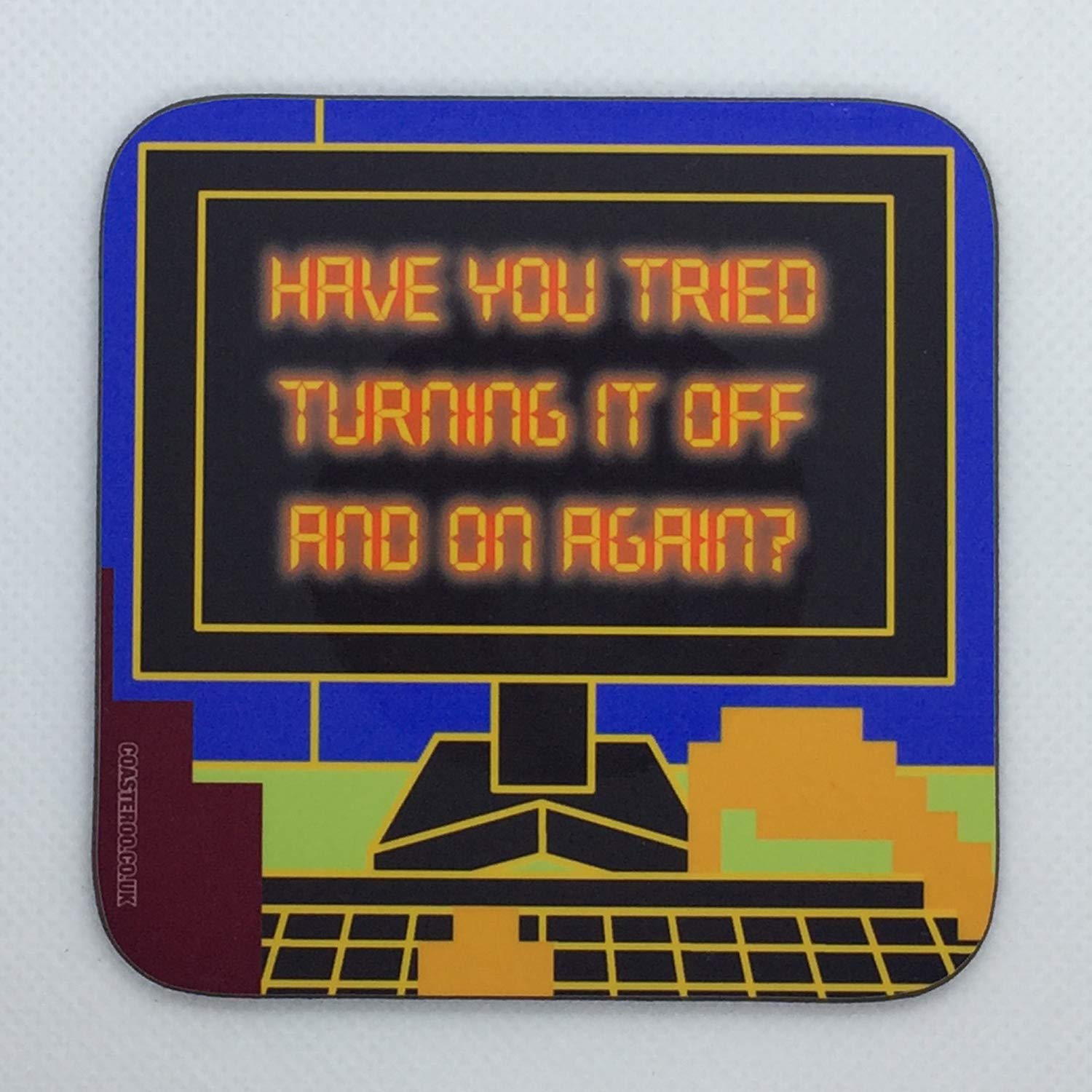 Coasteroo Turning It Off And On Again - The It Crowd - Drinks Coaster - Hardboard - 9Cm X 9Cm - Gloss Finish