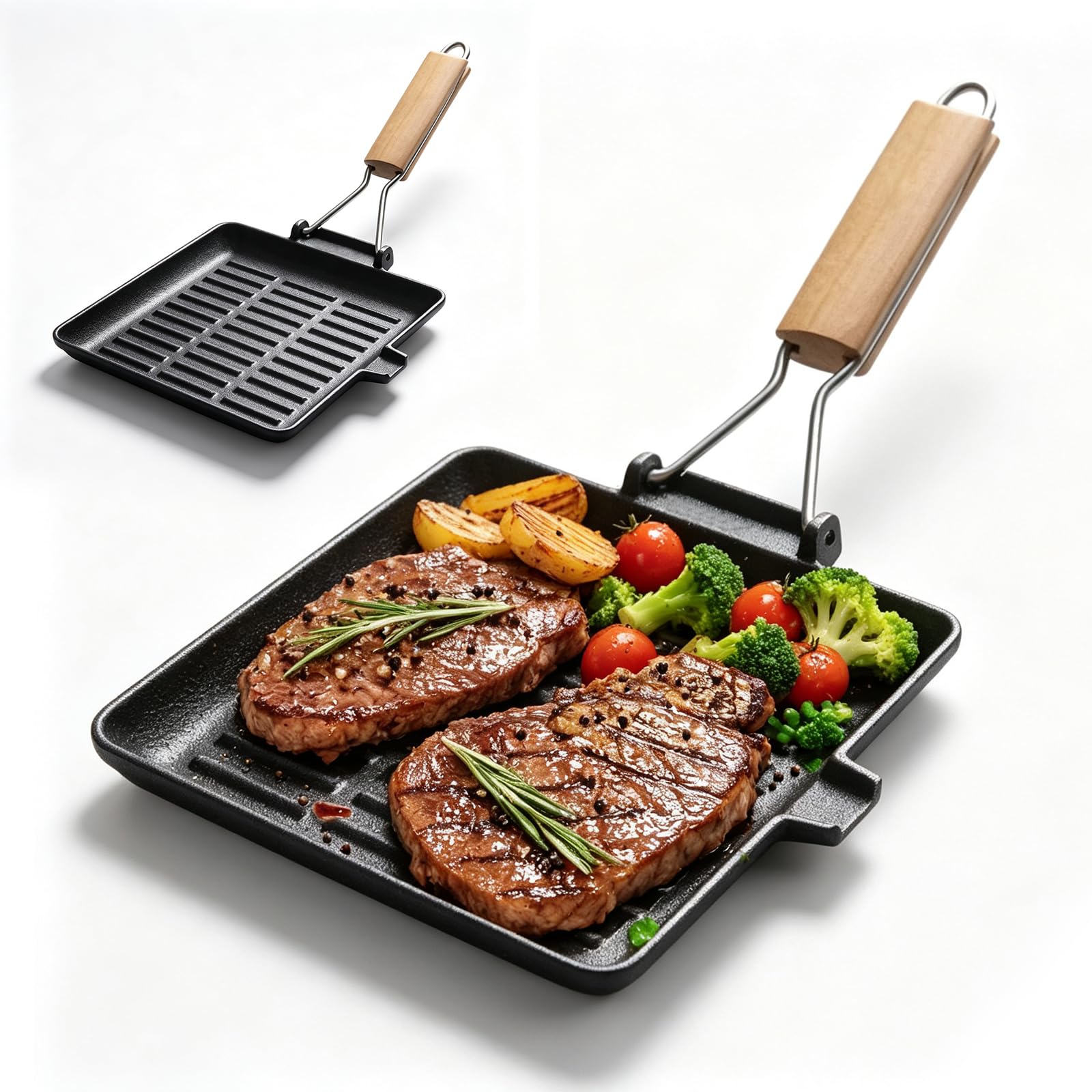 Bistecchiera in ghisa, con manico pieghevole in legno, quadrata, a induzione, per tutti i tipi di fornelli, campeggio, cucina all'aperto, facile da pulire (28 × 28 cm)