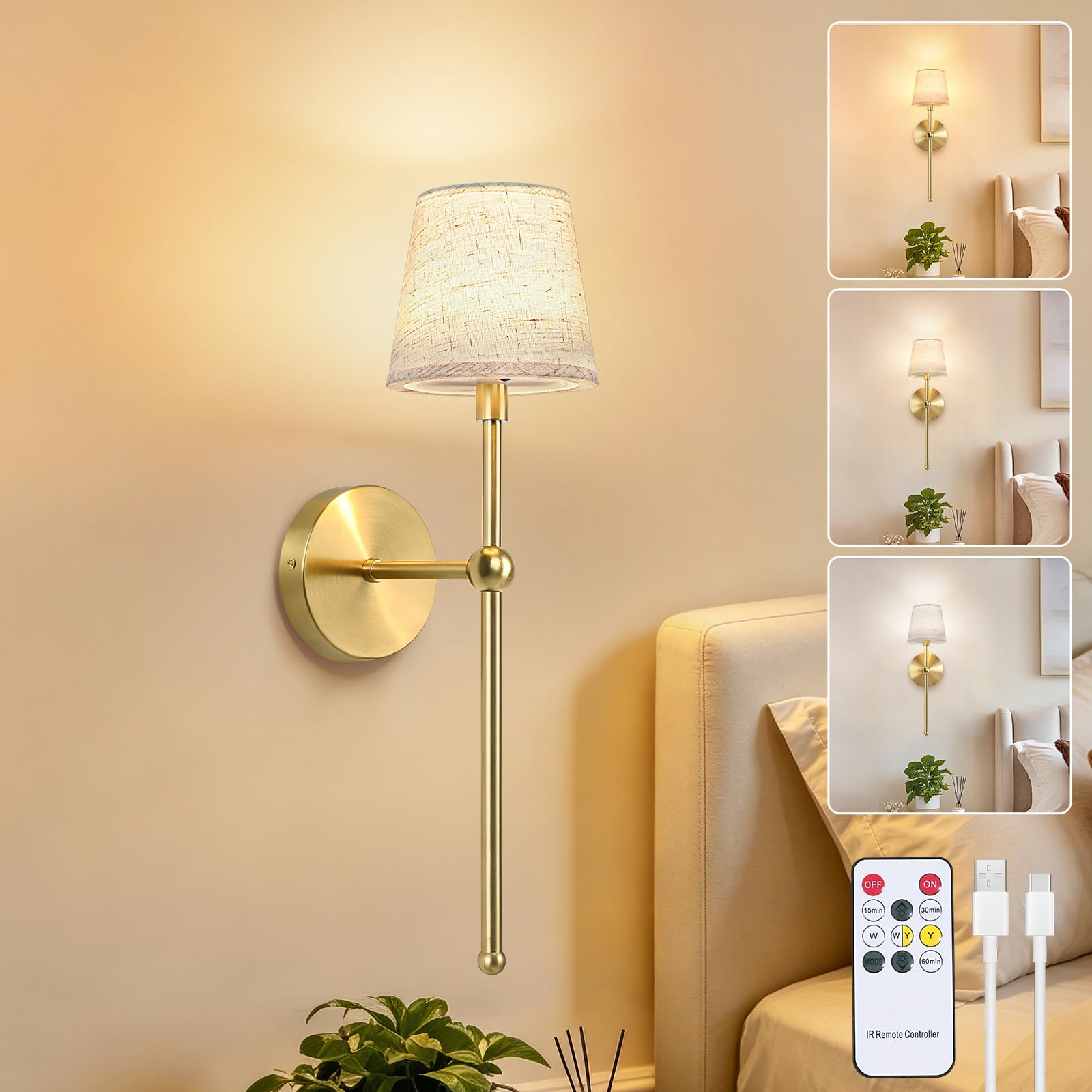 Dehobo Rechargeable Wall Lights with Fabric Shade, Battery Operated Wall Sconces with 3 Color Temperature, Dimmable Wireless Wall Lamps Indoor with Remote 5200mAh for Living Room, Bedroom, 1 Pack