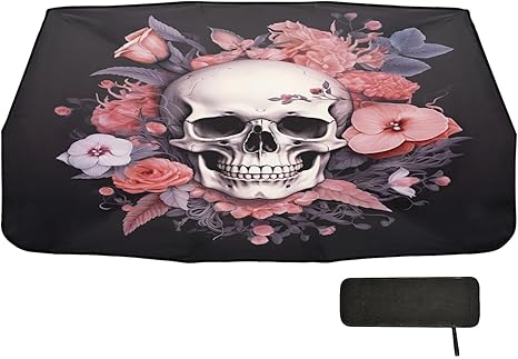Rose Floral Sugar Skull Car Windshield Sunshade Umbrella,Foldable UV Protection & Heat Insulation Sun Shade Umbrella for Most Sedans SUV Trucks 58