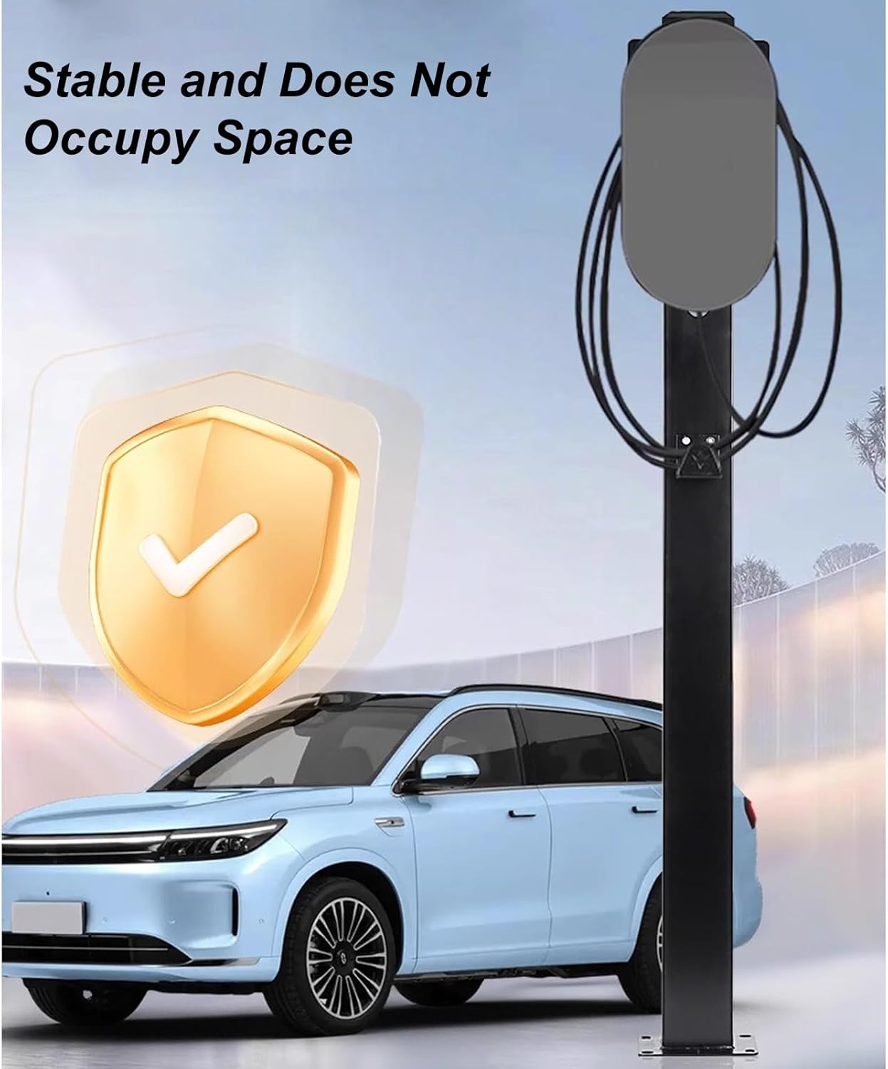 Outdoor EV Charger Stand, Electric Vehicle Charging Station Pedestal, Universal Back Panel & Hook, Compatible with Most Chargers, Weatherproof Design (Black, Medium)