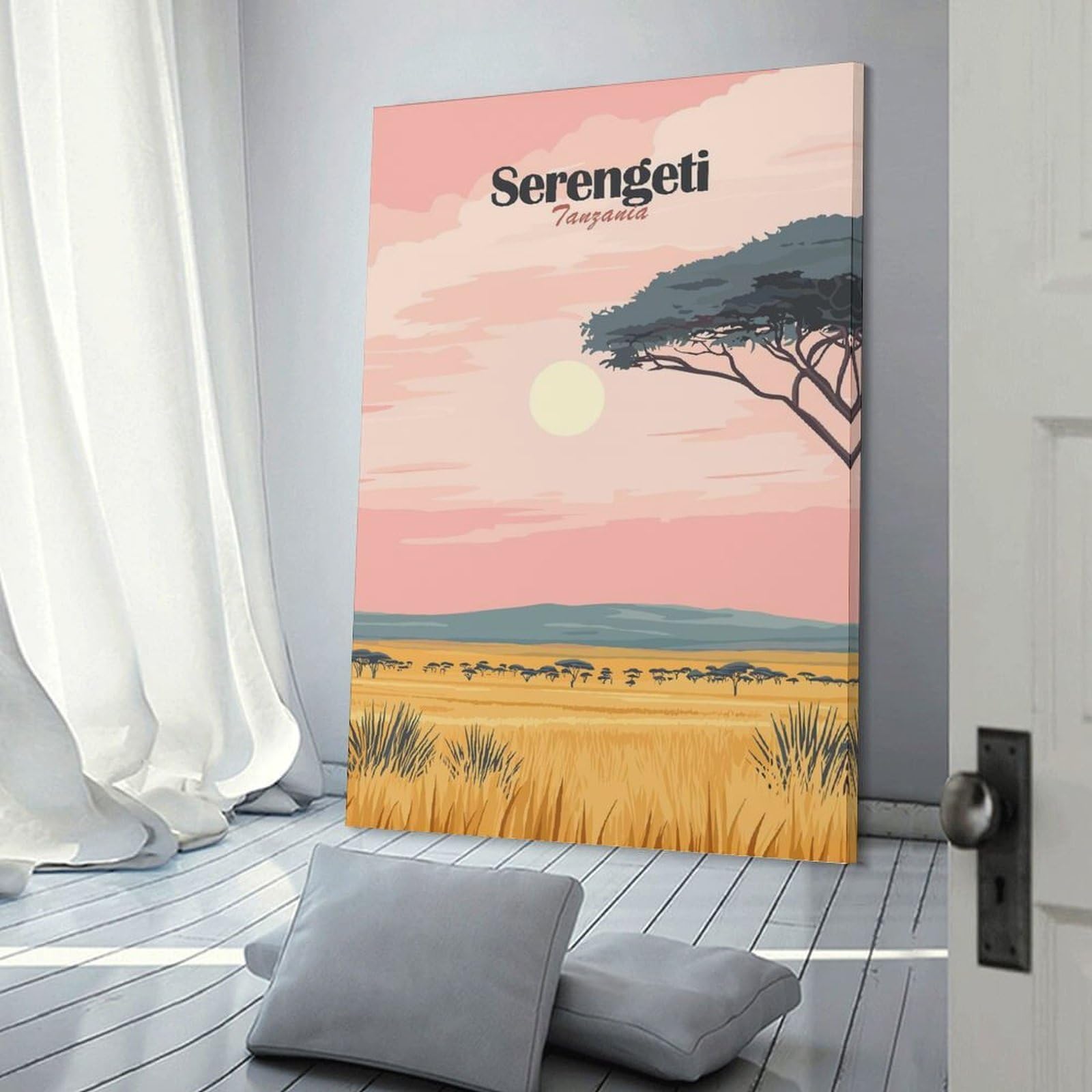 Junmoney Wall Picture Print Serengeti Tanzania Landscape Illustration, 24x36inch(60x90cm), for Entrance Walls, Hall Decor Or Foyers, A Neat Decor Update for Hallways