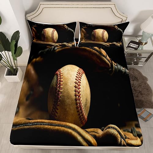 Miniatura 2 de Erosebridal Juego de sábanas bajeras de béisbol tamaño Queen, juego de ropa de cama de jugador de béisbol para niños, adolescentes, estilo retro,