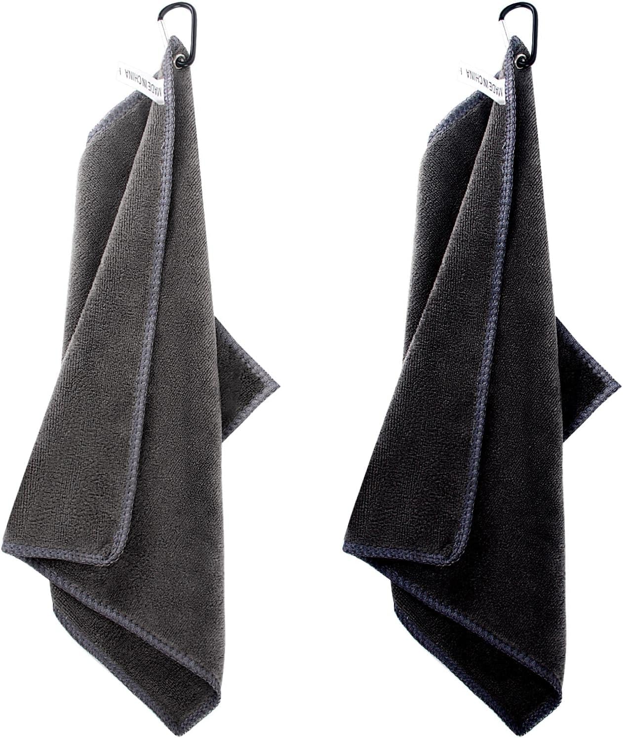 2 Pcs Golf Towels Absorbent Cleaning Towels Multifunction Towels with Carabiner for Golf Bags Fitness Sport Outdoor Yoga(2 Colors), Black