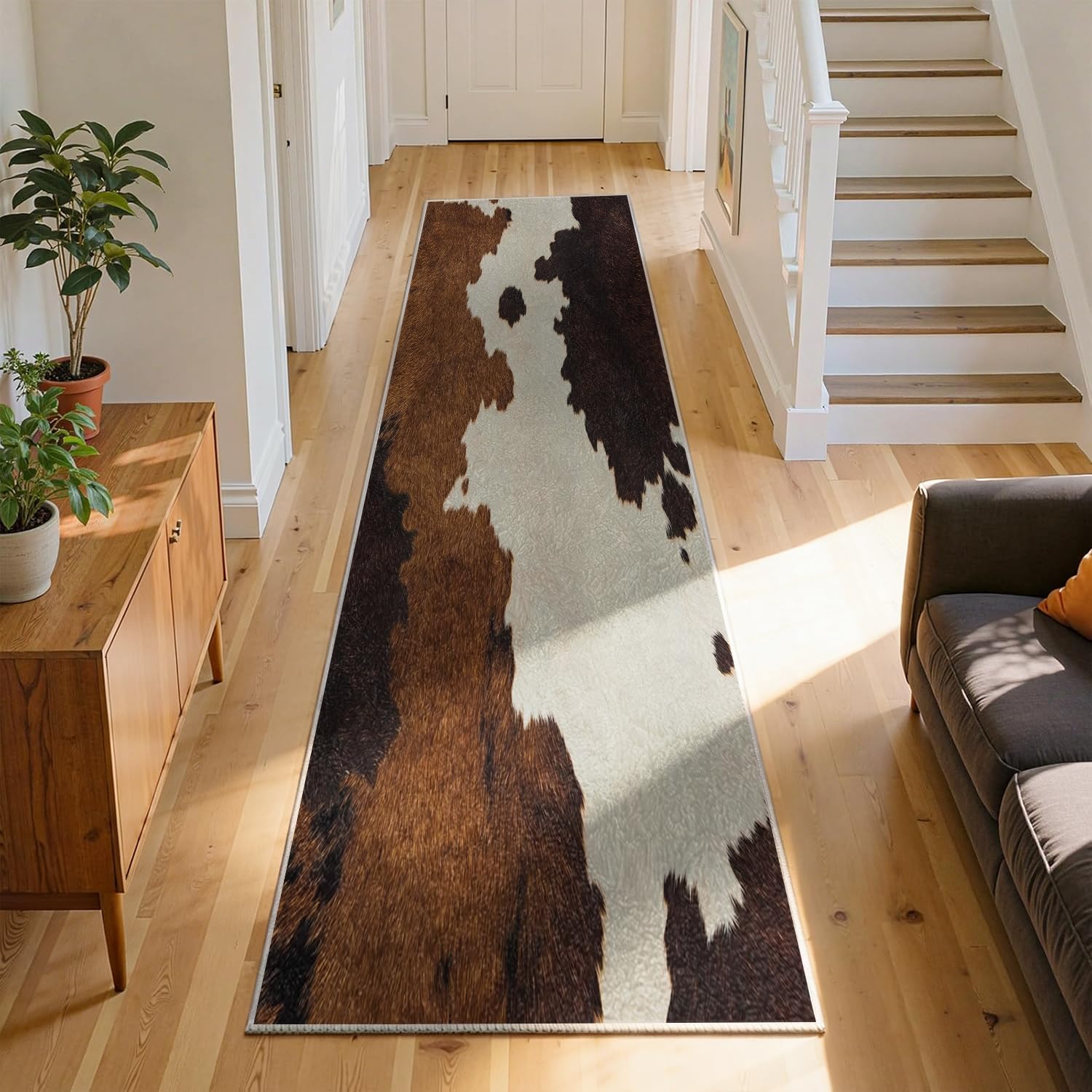 RICAUOU Cow Runner Rug, 120x300cm Rustic Farmhouse Black and Brown Animal Cow Stripe Living Room Long Carpet, Non-Slip, Washable, Low-Pile, Easy-Clean Kitchen Mat, Retro Wildlife Decor Hallway Rugs โ image 1