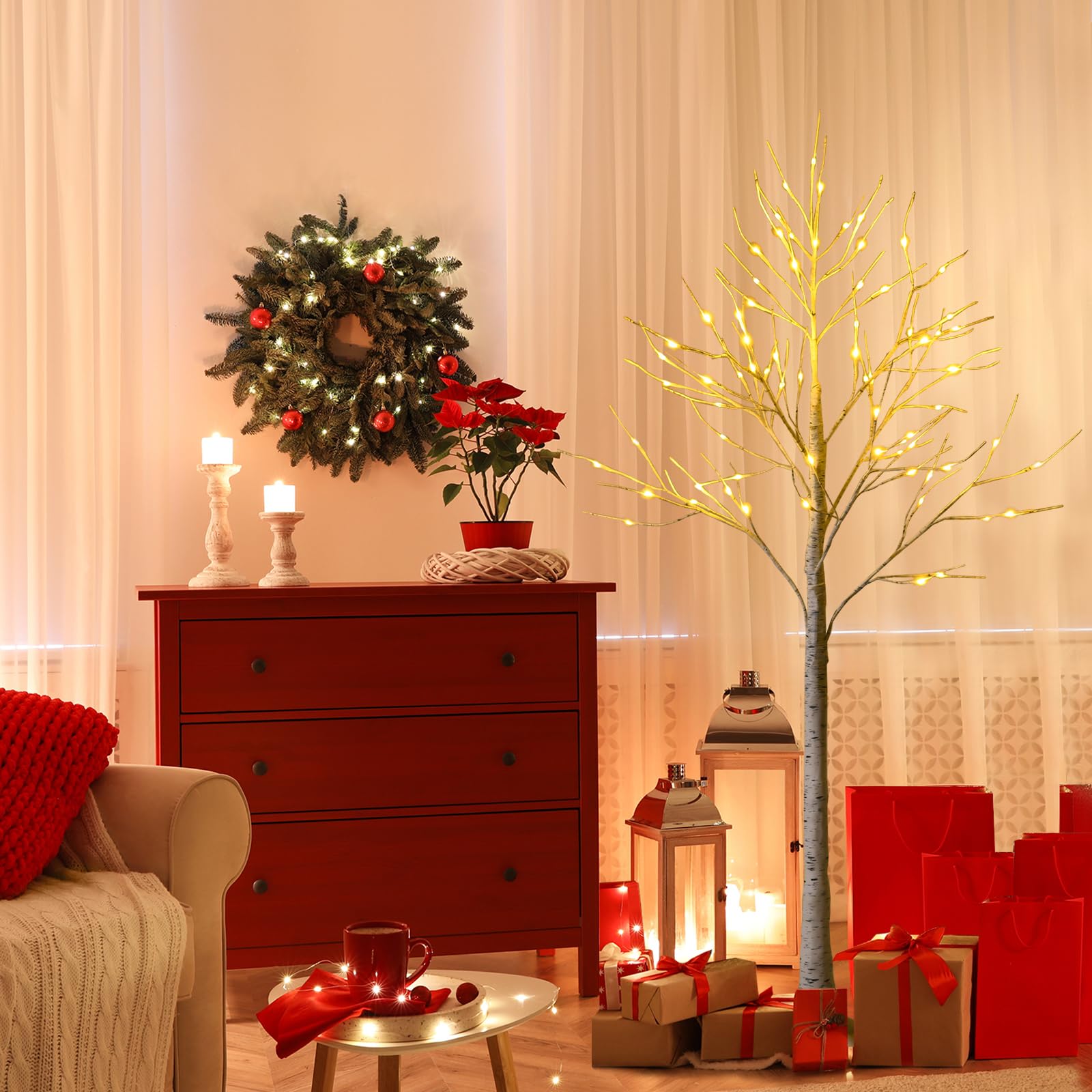 GYMAX Árbol de Navidad 120/150/180 cm, Abedul Iluminado con 48/72/96 Luces LED Blanco Cálido, Árbol de Navidad de PVC, Decoración Brillante para Navidad, Hogar (150 cm)