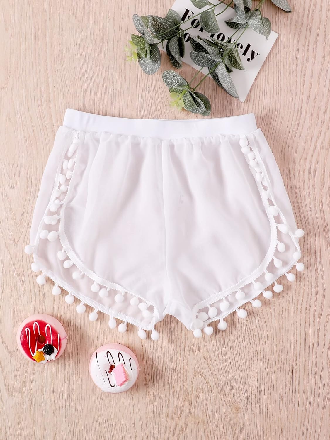 SHENHE Girl's Chiffon High Waisted Split Pom Pom Trim Beach Cover Up Board Shorts