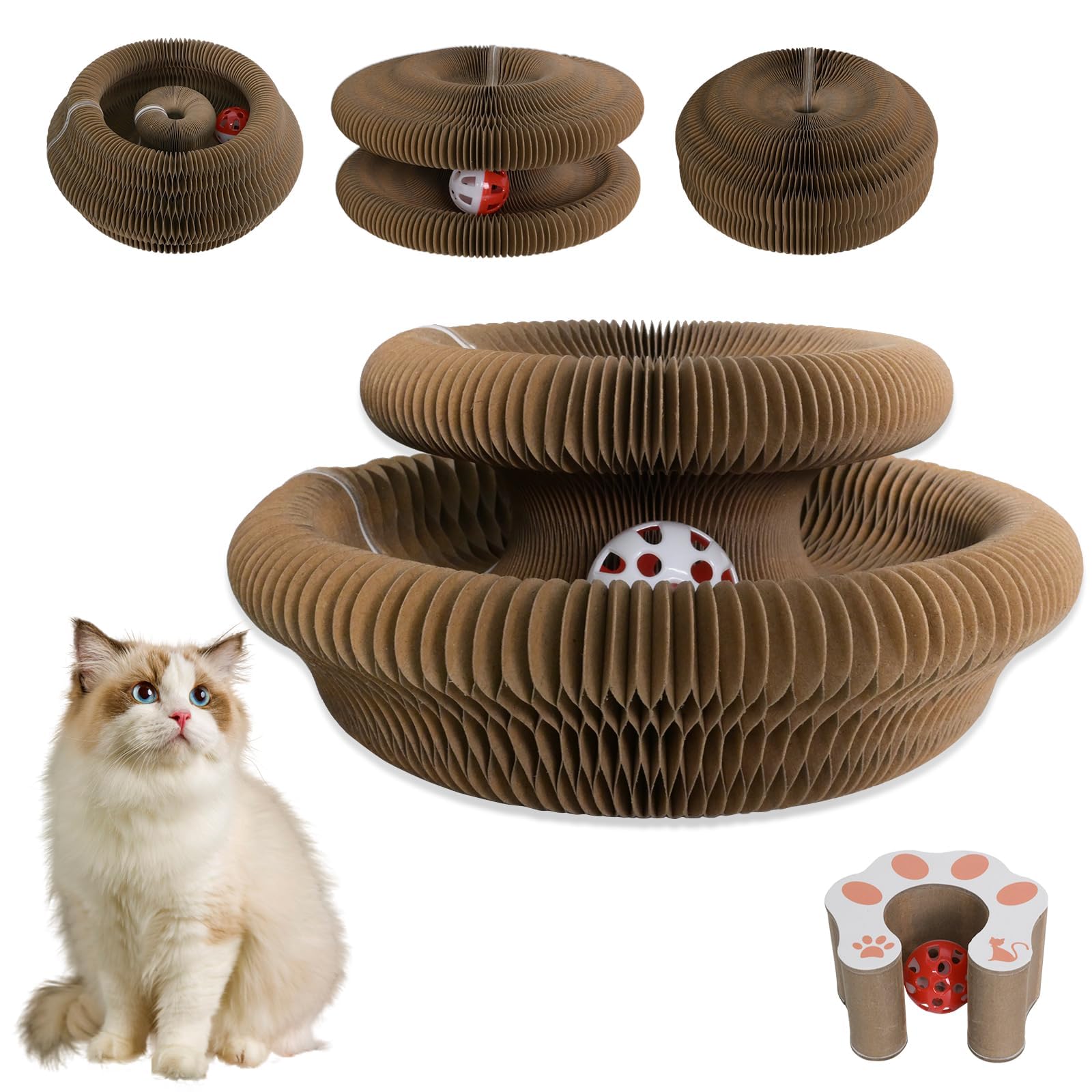 Cat Scratcher Board Foldable with Bell Ball, Interactive Mental Physical Exercise for Indoor Cats Toy, 3-in-1 Magic Organ Cat Toy Protects Furniture, Corrugated Cardboard Scratching Pad