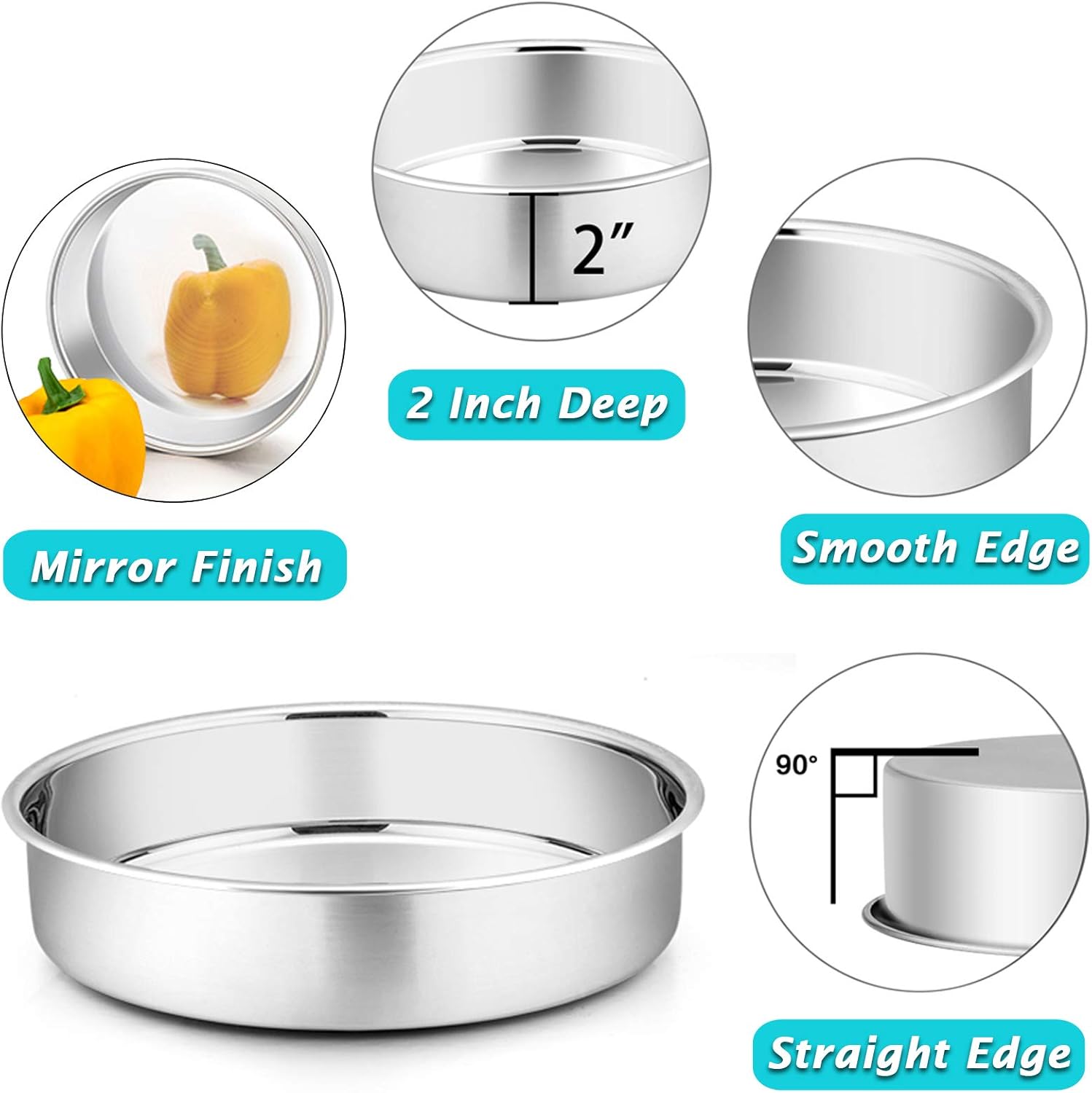 P&P CHEF 9.5 Inch Cake Pan Set of 2, Stainless Steel Round Baking Layer Cake Pans, Non Toxic & Healthy, Leak-proof & Easy Clean, Mirror Finish & Easy Releasing, Oven & Dishwasher Safe - Image 3