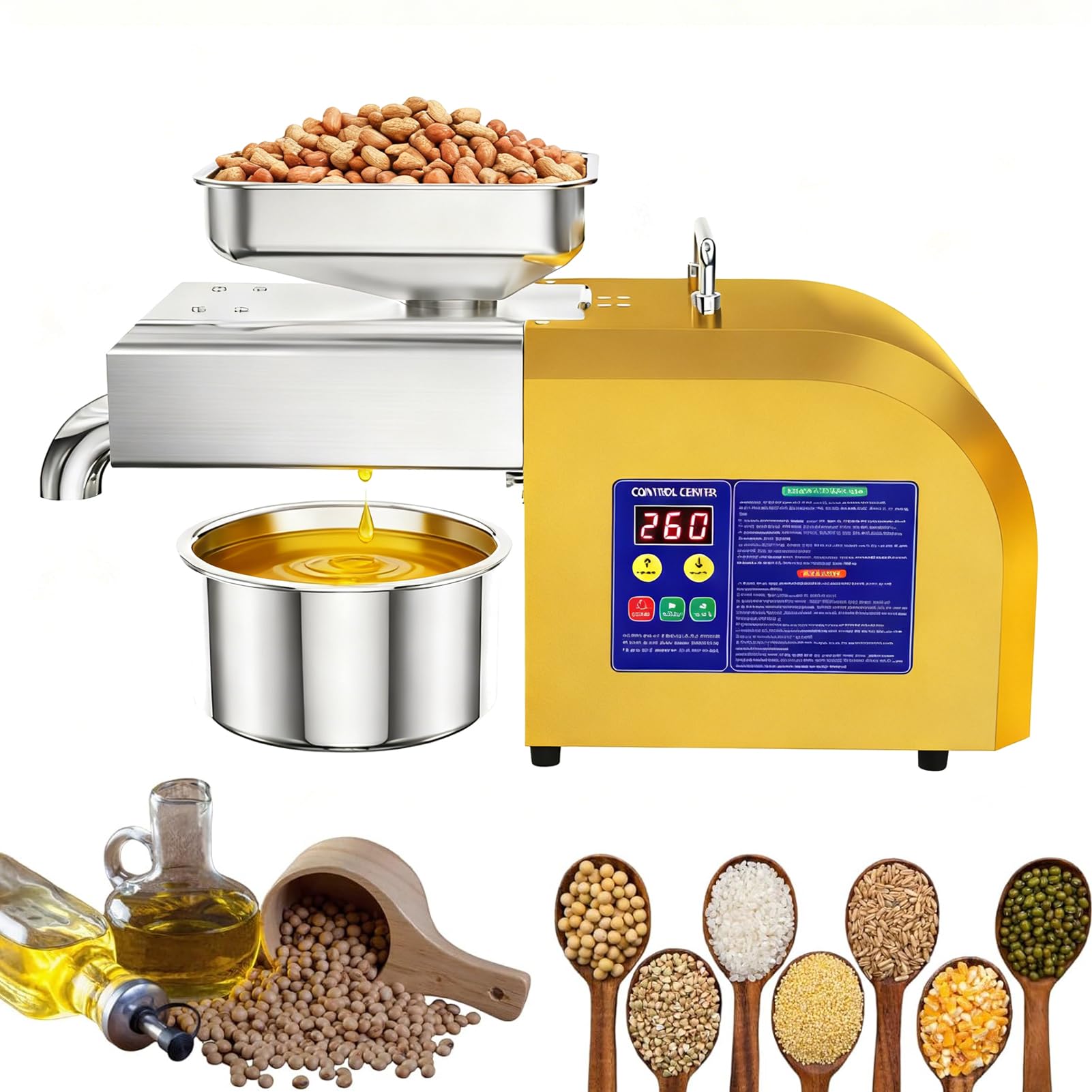 Prensa de Aceite Automática 1100W Eléctrica, Trituradora de Aceitunas Hueso, Termostato Digital Ajustable, Uso Doméstico y Comunitario
