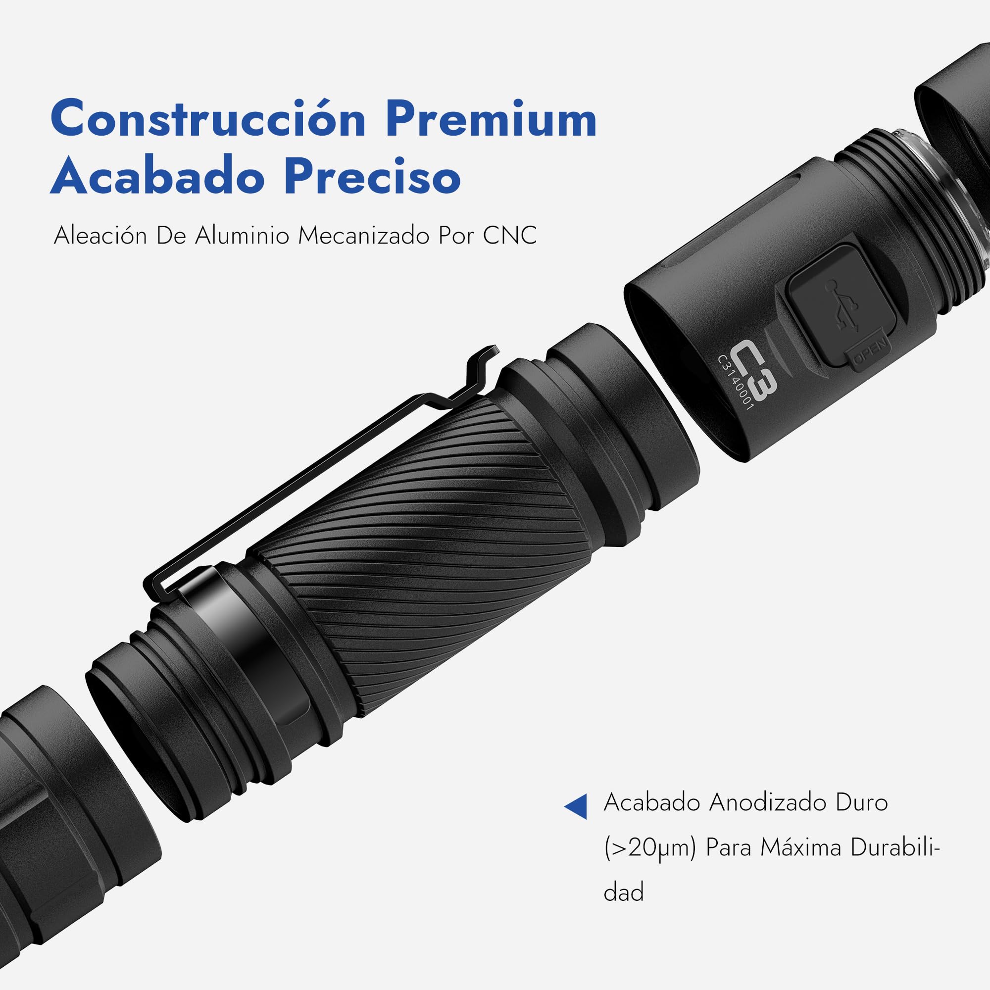 WUBEN C3 Linternas LED Alta Potencia 1200 Lúmenes, Linterna LED Recargable USB Táctica Militar Potente, Linterna Led Pequeña a Pilas, IP68 Impermeable 6 Modos Portátil Flashlight Emergencia Camping