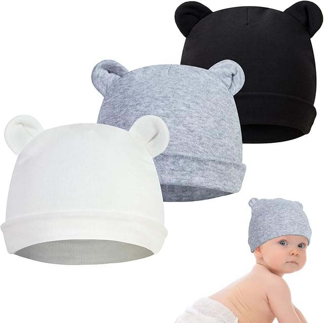 YSense 3 Pack Baby Newborn Cotton Hats Newborn Hospital Caps for 0-6months Baby Boys Girls Bear Ears Beanie Baby Gifts Autumn Winter Black White Gray