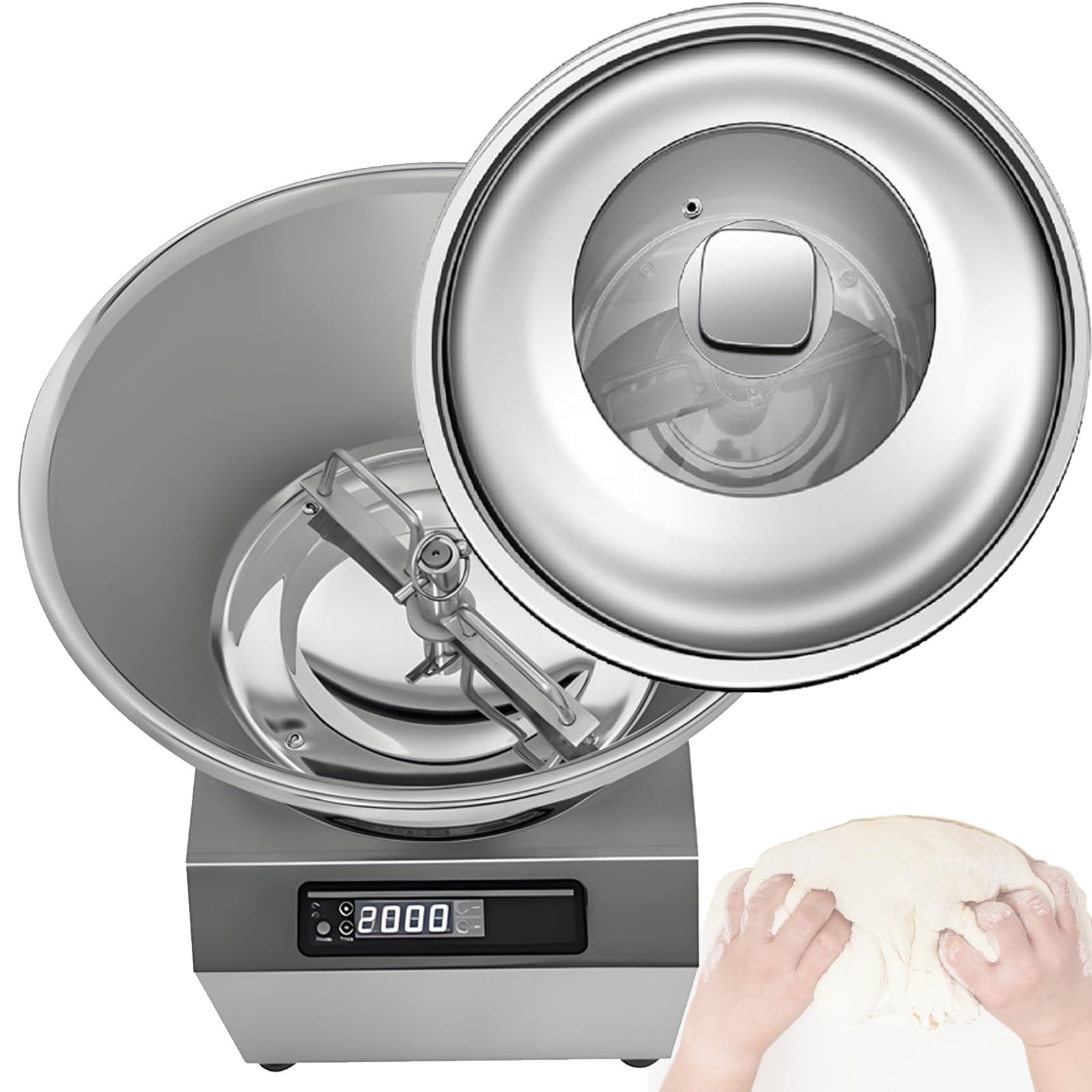 Pétrin électrique 5 kg/8 kg avec couvercle transparent et rotation avant/arrière, en acier inoxydable, pour un usage professionnel. Minuteur 30 min inclus. pour pâtisseries maison(5kg)