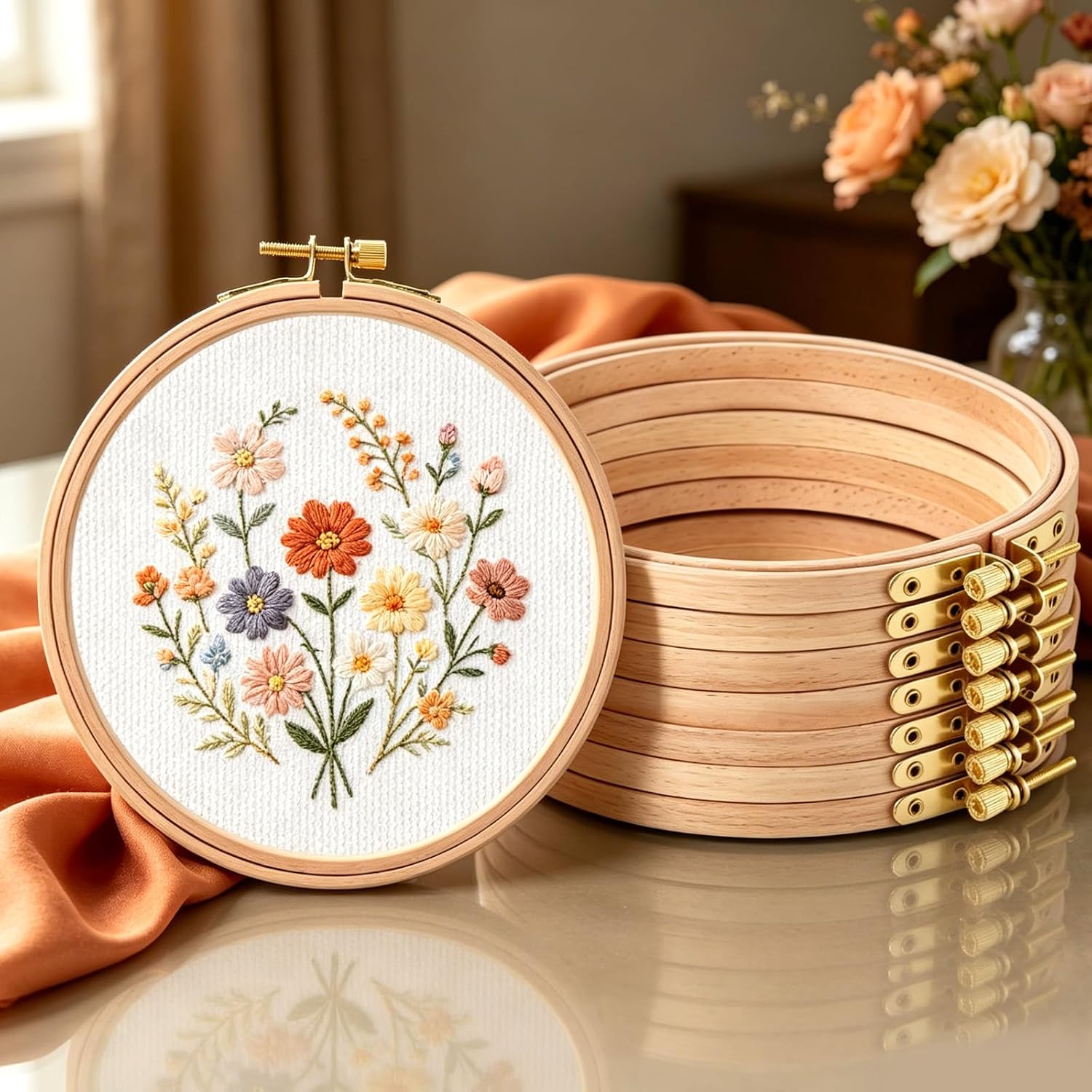 8 Pcs 6" Beech Wood Embroidery Hoops, Cross Stitch Hoops Ring, Wood Circle Needlework Hoop, Small Cross Stitch Frame for Art Craft Sewing DIY Decoration