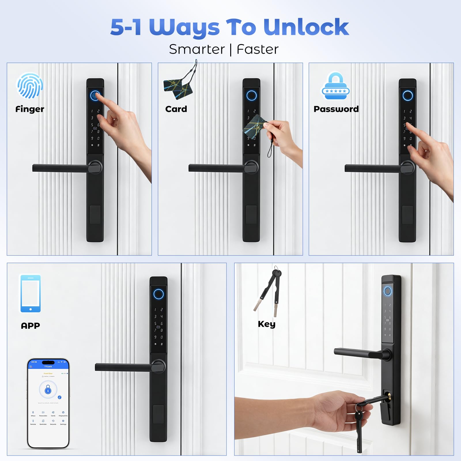 Cerradura inteligente de huella dactilar, cerradura de puerta inteligente con asa y teclado táctil, cerradura de huella dactilar semiconductor, RFID/APP/Código/Control remoto, para