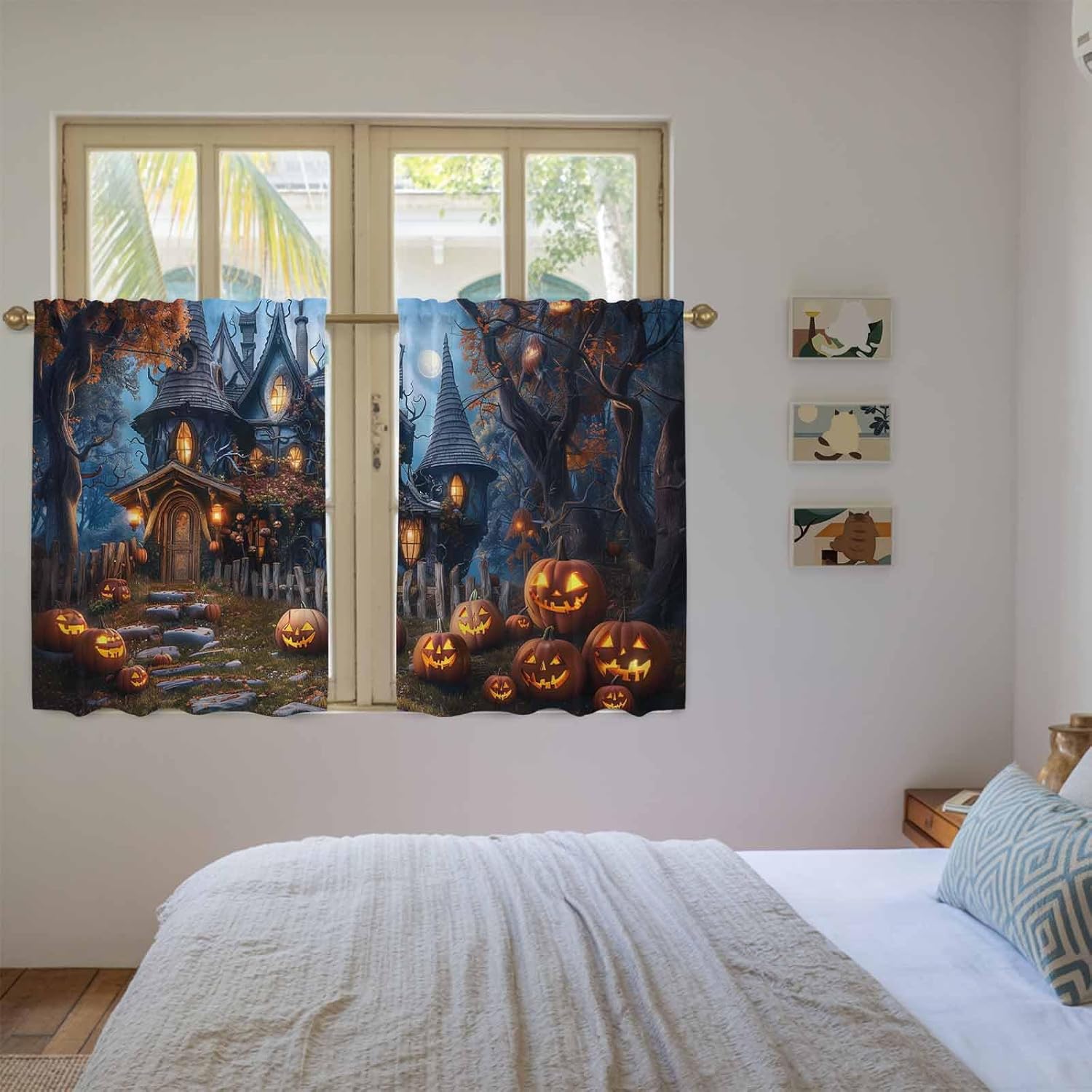 Halloween Kitchen Tier Curtains 45 Inch Long 2 Panel Set,Rod Pocket Short Window Treatment,Forest Ghost Pumpkin Castle Vintage Cottage Curtains & Drapes for Bathroom Basement 27.5"W x 45"L
