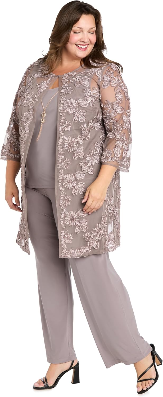 R&M Richards Women's 3-Piece Soutache Ribbon Duster Pantsuit W/Embroidered Jacket, Tank Top W/Necklace & Straight Leg Pants