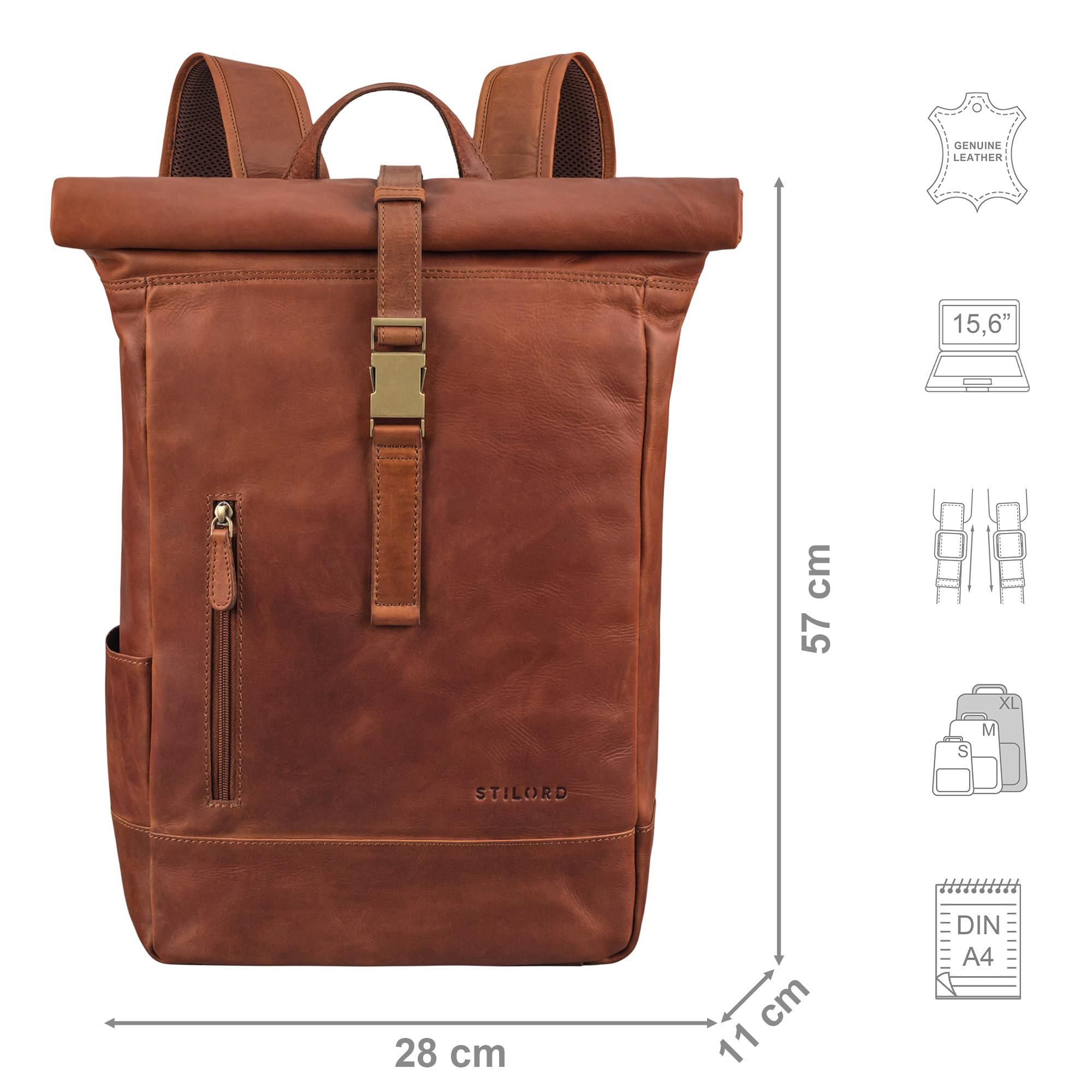 STILORD Harriet Mochila Roll Top de Cuero para Bicicleta y Bandolera Portátil 15,6-17 Pulgadas Grande Daypack de Viaje de Piel Genuina Color:Cognac-marrón