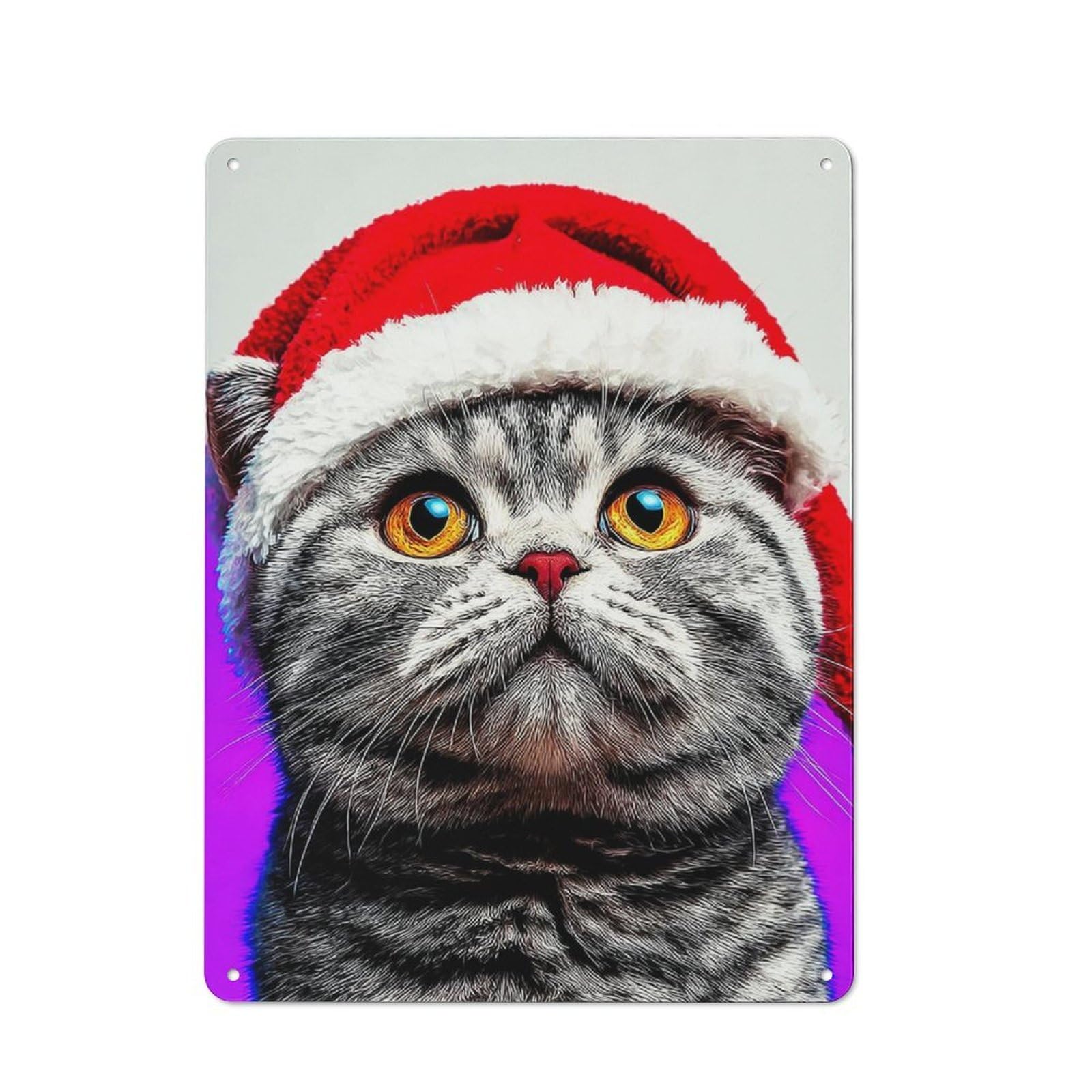 Junmoney Christmas Cat In Santa Hat Rustic Metal Plaque 40X30cm For Hobby Room Or Studio, For Creative Interior Collectors
