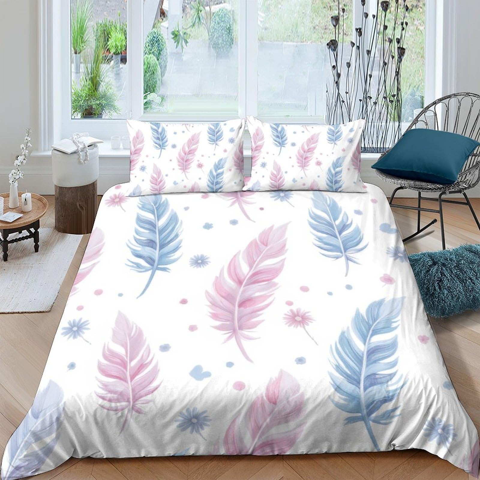 Ctjqhvkz Style-3 3D Printed Pastel Feather Fitted Sheet Microfiber Soft Pink Blue Leaf Bed Cover For Bedroom Dorm Mattress Protection Decor Single（135X200cm）