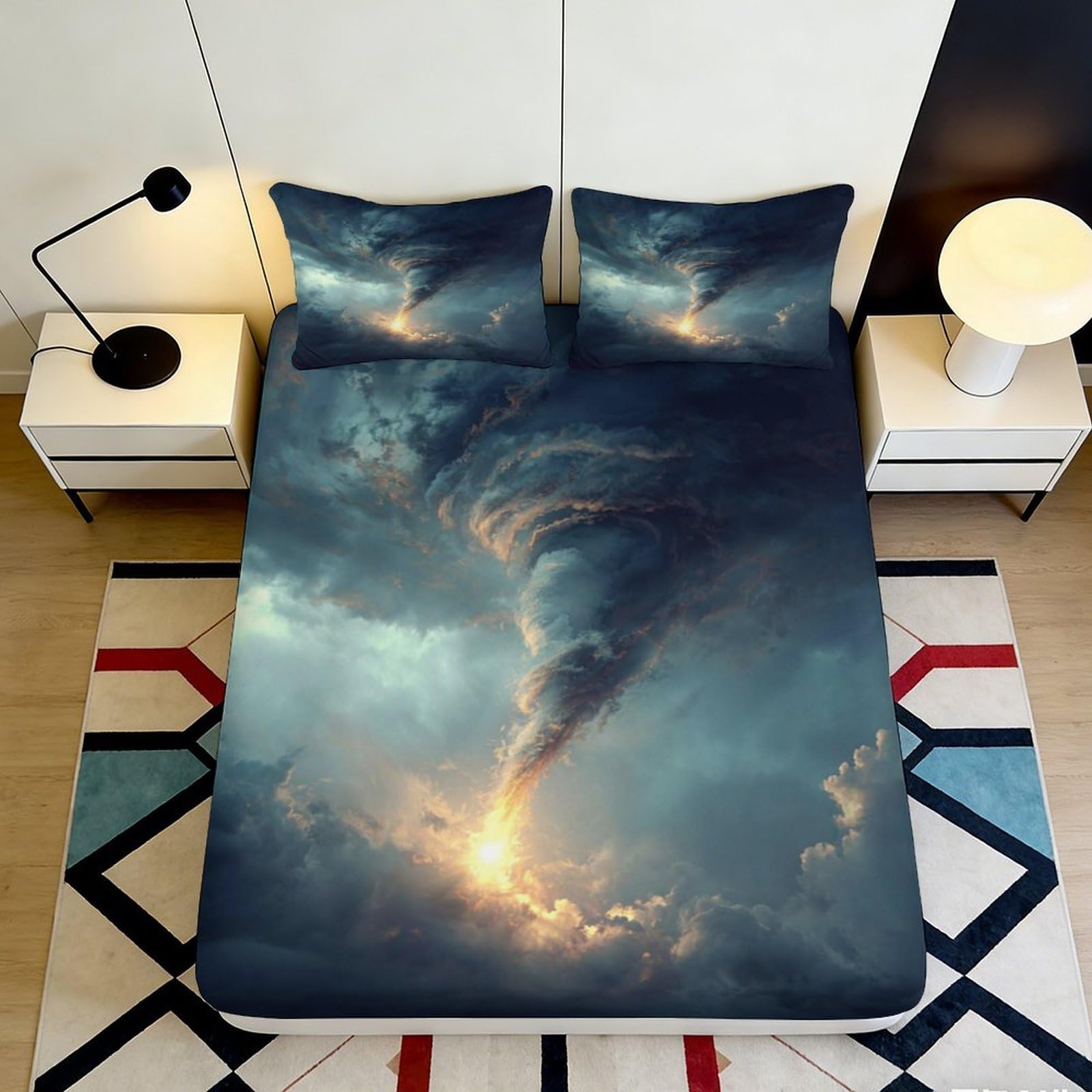 3D Printed Storm Cloud Fitted Sheet Microfiber Soft Breathable Tornado Sky Mattress Cover for Bedroom Dorm Decor 120x200x25cm