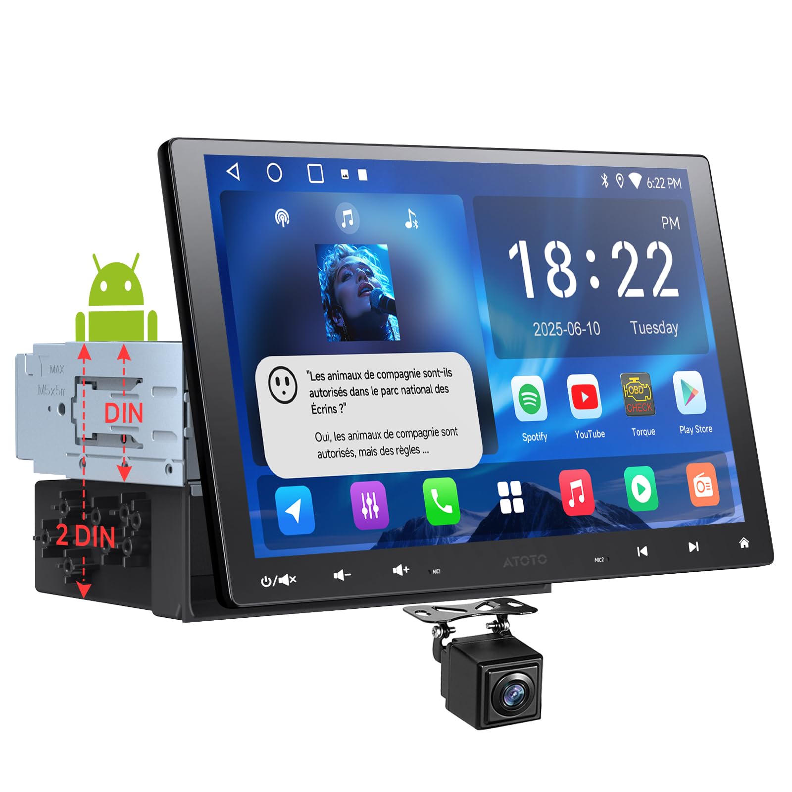 A5L 10.1 Pouces 2 DIN & 1 DIN Adaptatif Autoradio Android, Écran Flottant Voiture, CarPlay & Android Auto sans Fil, 24 Bandes, Suivi GPS, Caméra de Recul, HD LRV, 2G+32G, DSP/FM/RDS