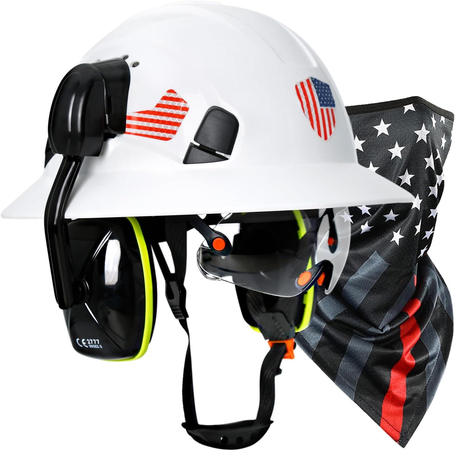 Full Brim Hard Hats Construction OSHA Approved with Visor and Ear Protection-White Vented Hard Hat with Neck Gaiter and Hearing Protection,Safety Helmet Hard Hat with Chin Strap for Men