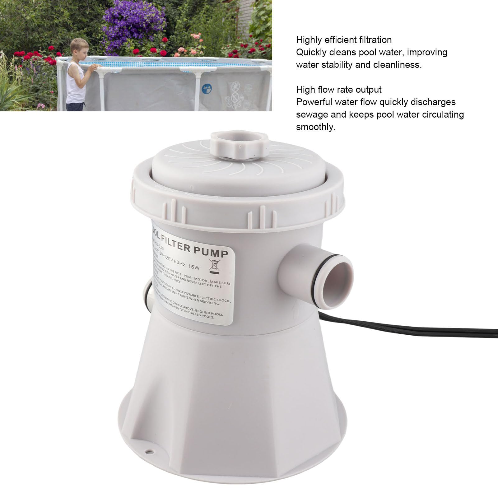 Pompa filtro per piscina, portata 300 GPH, filtro per pompa dell'acqua della piscina, cartuccia ad alta efficienza filtro elettrico per piscina per migliorare la circolazione e la filtrazione