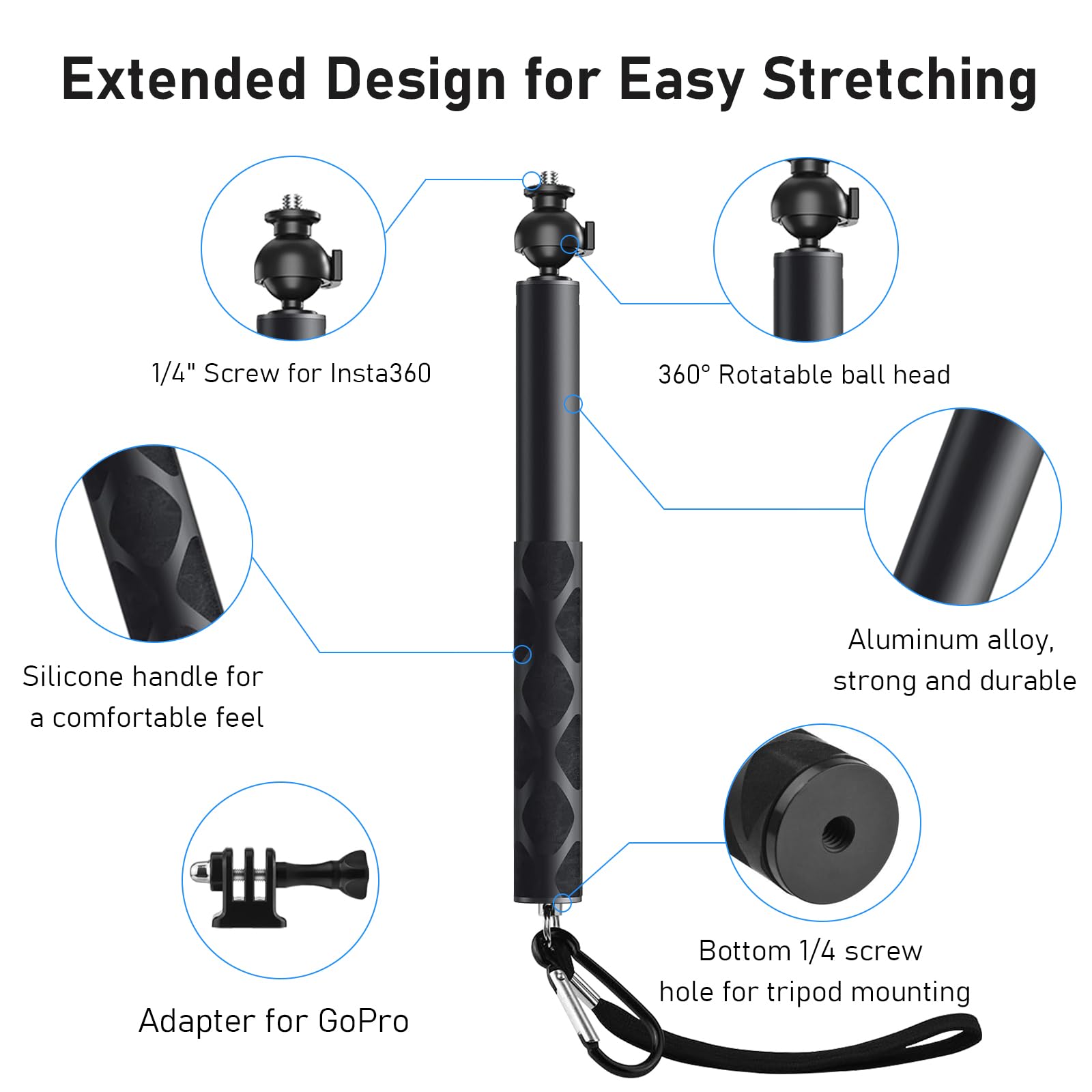 Wiseten Kijek do selfie Insta360 X5 X4 120 cm teleskopowy monopod z głowicą kulową 360° do GoPro Hero 13 12 11 10 9 Black DJI Osmo Action 5 Pro