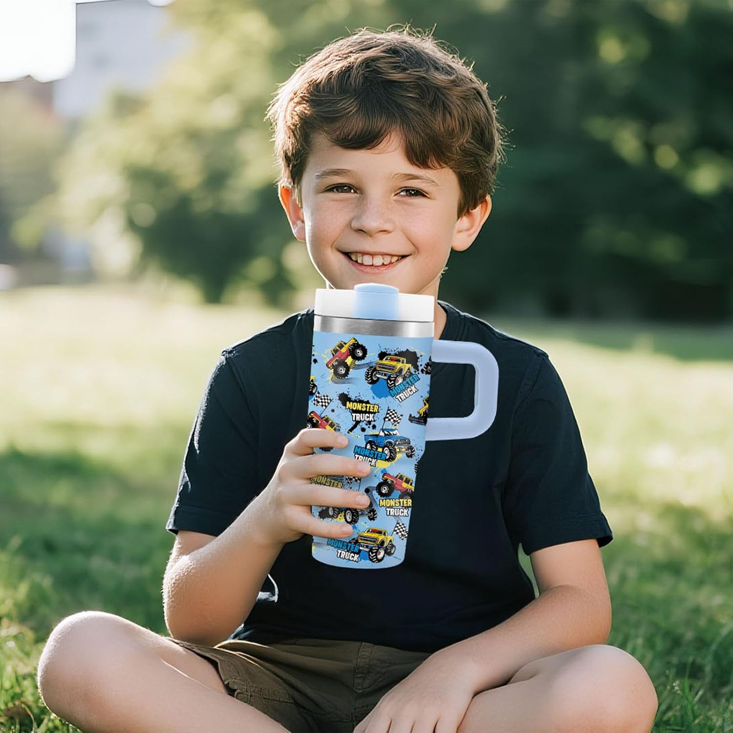 14 oz Monster Truck Tumbler with Handle and Straw for Kids, Insulated Stainless Steel Travel Mug for Boys, Double Wall Vacuum Reusable Cup, Birthday Gifts for Boys - Image 3