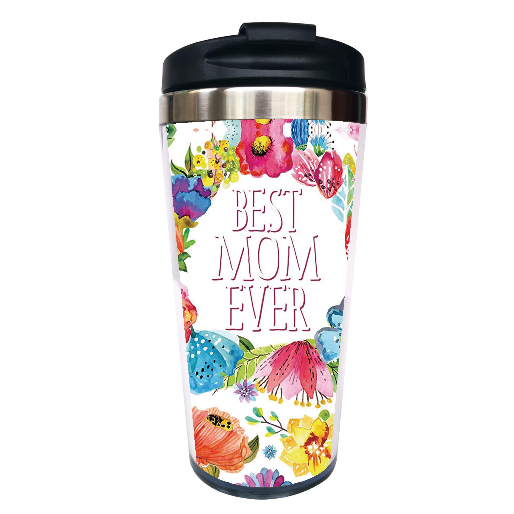 CUAJH Best Mom Ever Elegant Flower Travel Coffee Mug for Women, Insulated Tumbler with Wrap and Lid, Stainless Lined for Christmas Thanksgiving Birthday, 14 OZ