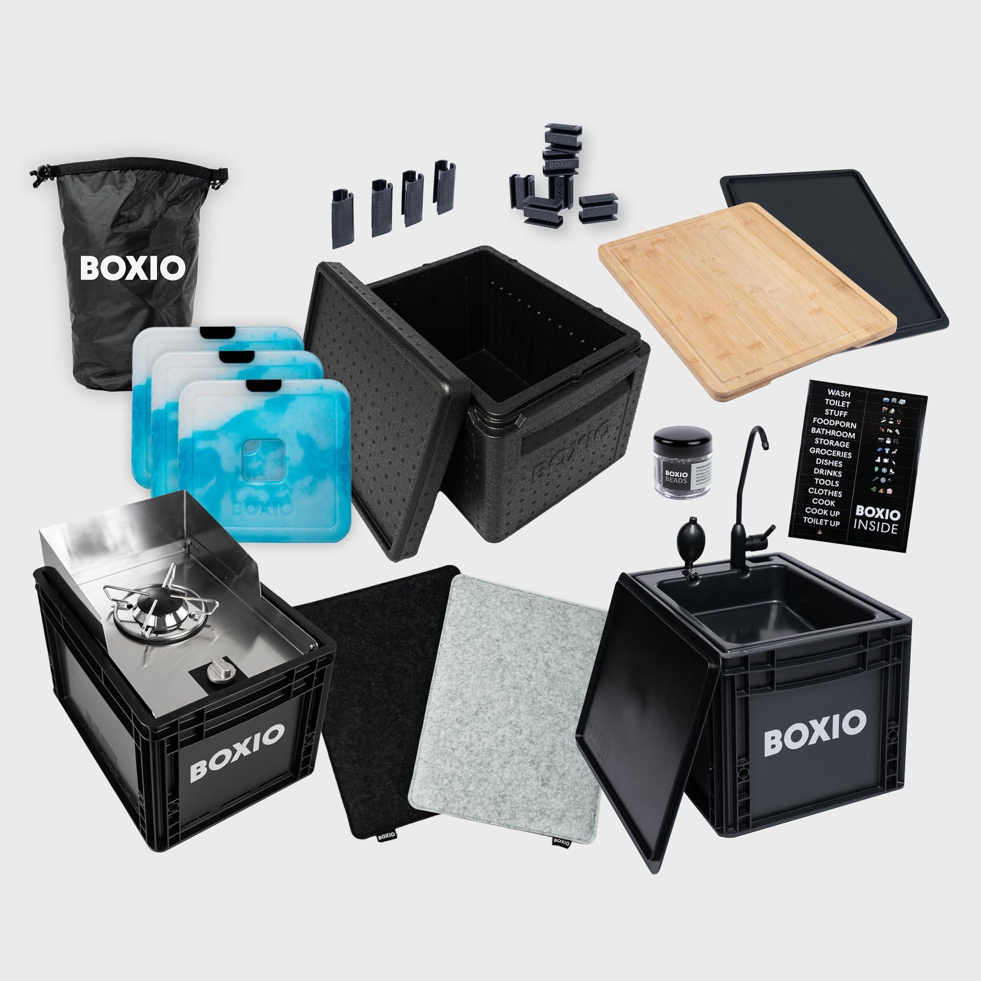 BOXIO - Kitchen Bundle: Mobile Campingküche ohne Strom mit Kochbox, Waschbecken & Gaskocher mit Outdoor Zubehör Schneidbrett, Kühlakkus, Sitzkissen UVM. Perfekte All-in-one Lösung