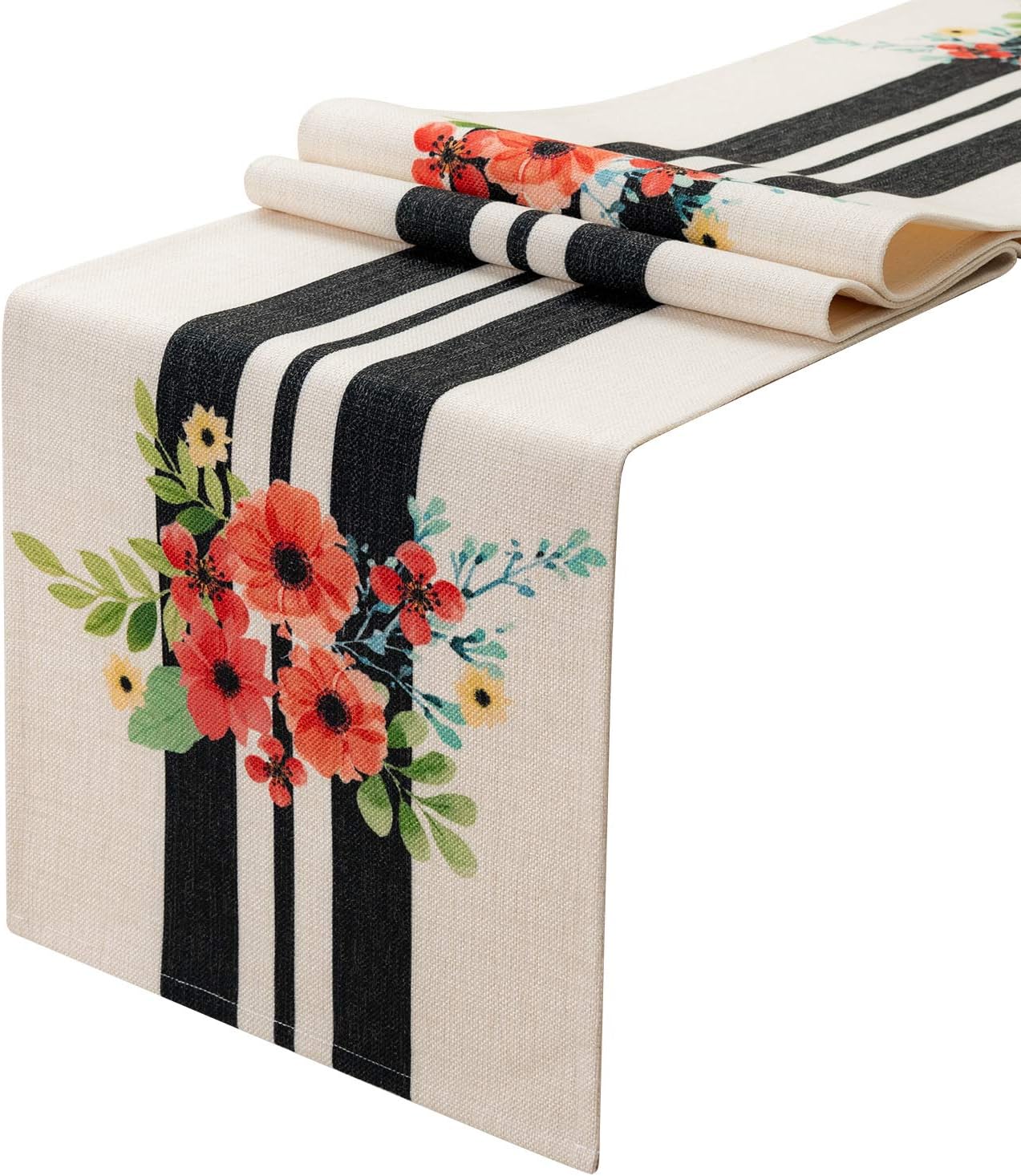 Striped and Flowers Table Runner (12 X 72 inch) for Wedding Table Decor, Bridal Shower, Holiday Party, Friends Housewarming Gift, Dining and Coffee Table Decor, Cotton & Linen