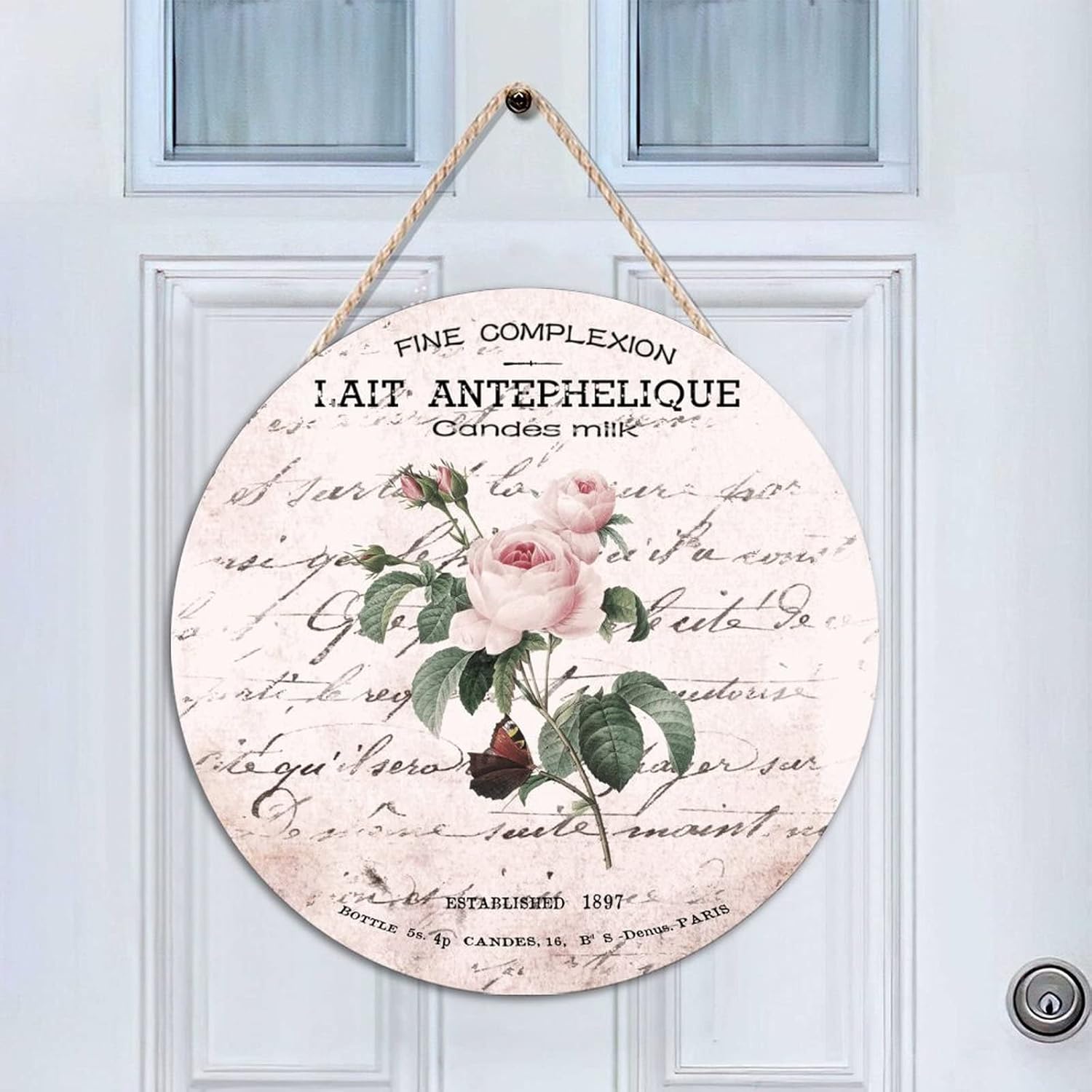 Retro Front Door Sign, French Vintage Flower Wood Door Sign, Vintage 16x16in Wall Hanging Sign Plaque Decor for Outdoor Front Porch Front Door Housewarming Gifts