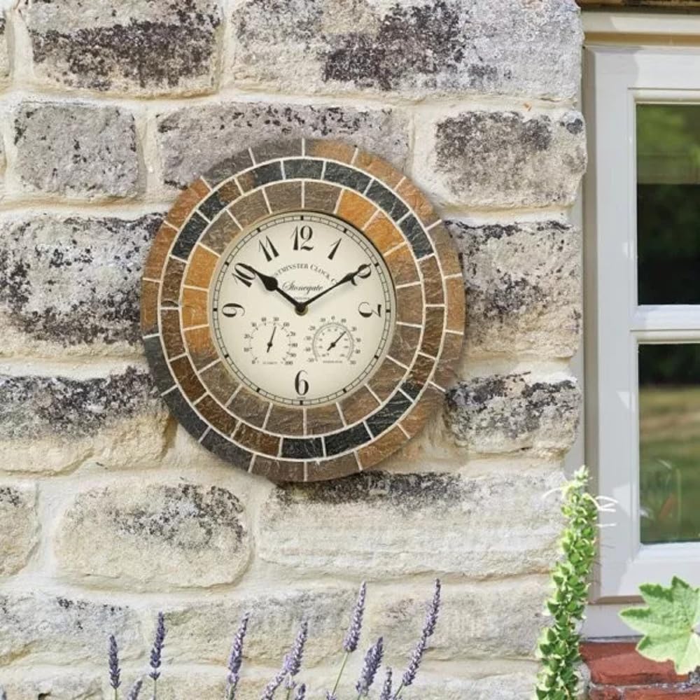 Garden Mile Stonegate Mosaic 14" 34Cm Stone Slate Outside Clock And Thermometer For Garden Waterproof Barometer Thermometer Outdoor Wall Clock Kitchen Clocks For Livingroom, Patio, Garden