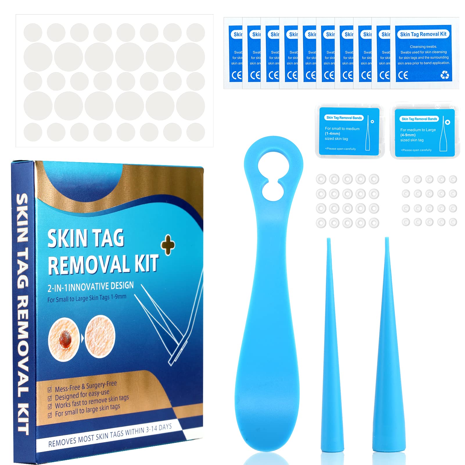 2 in 1 Skin Tag Remover Kit, Wart Removal Skin Tag Removal Device for Face Hands with 40 Micro and Regular Removal Bands 10 Cleansing Swabs for 1mm-9mm Small to Large Skin Tag Remove Verruca for Home