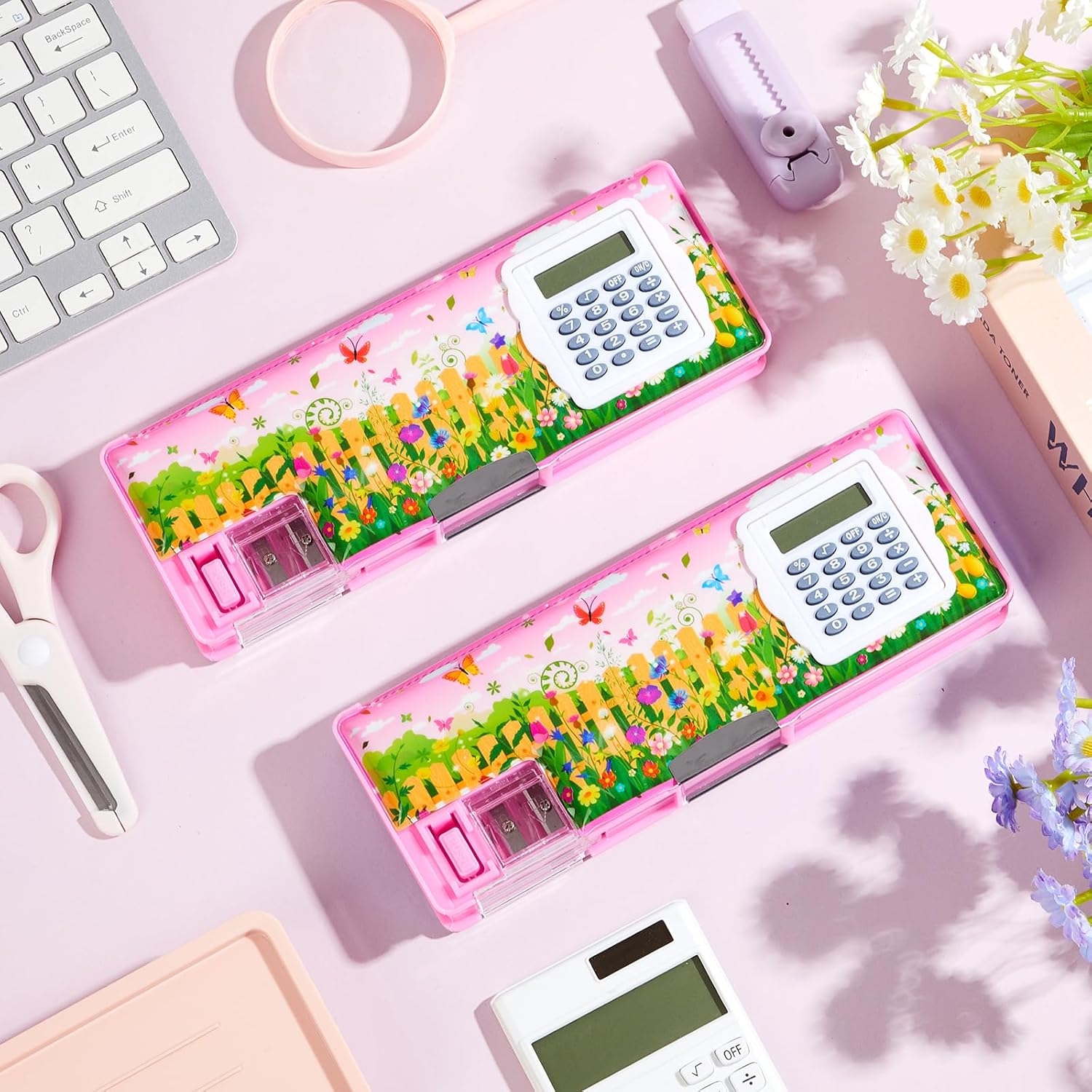 Henoyso Multifunctional Pencil Box for Girls Flower Pencil Case with Calculator and Sharpener Cool Cute Pencilcase School Supplies Essentials Christmas Birthday Gift Present for Kids Teens