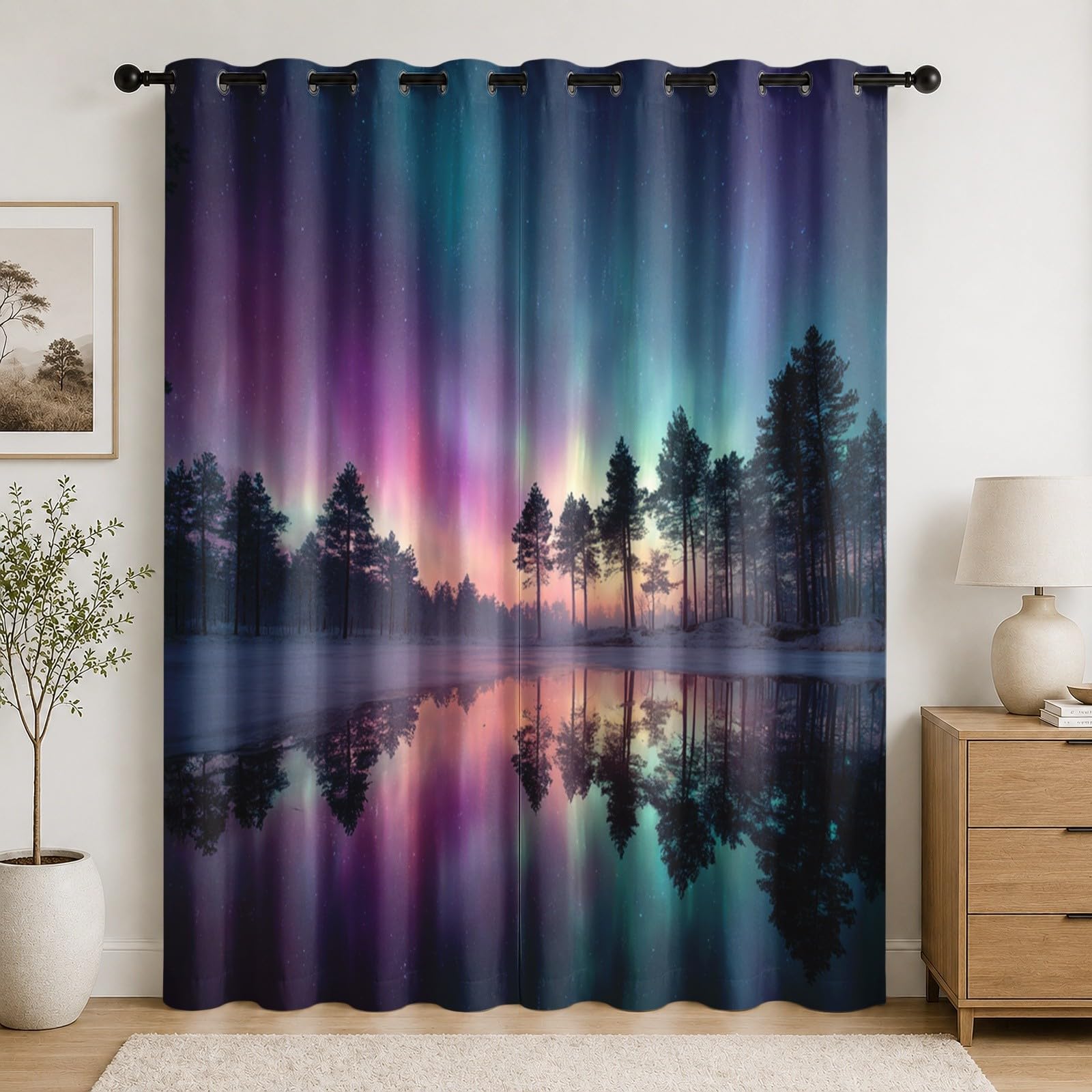 Rideaux thermiques à oeillets 140x245 cm paysage opaque vert doux
