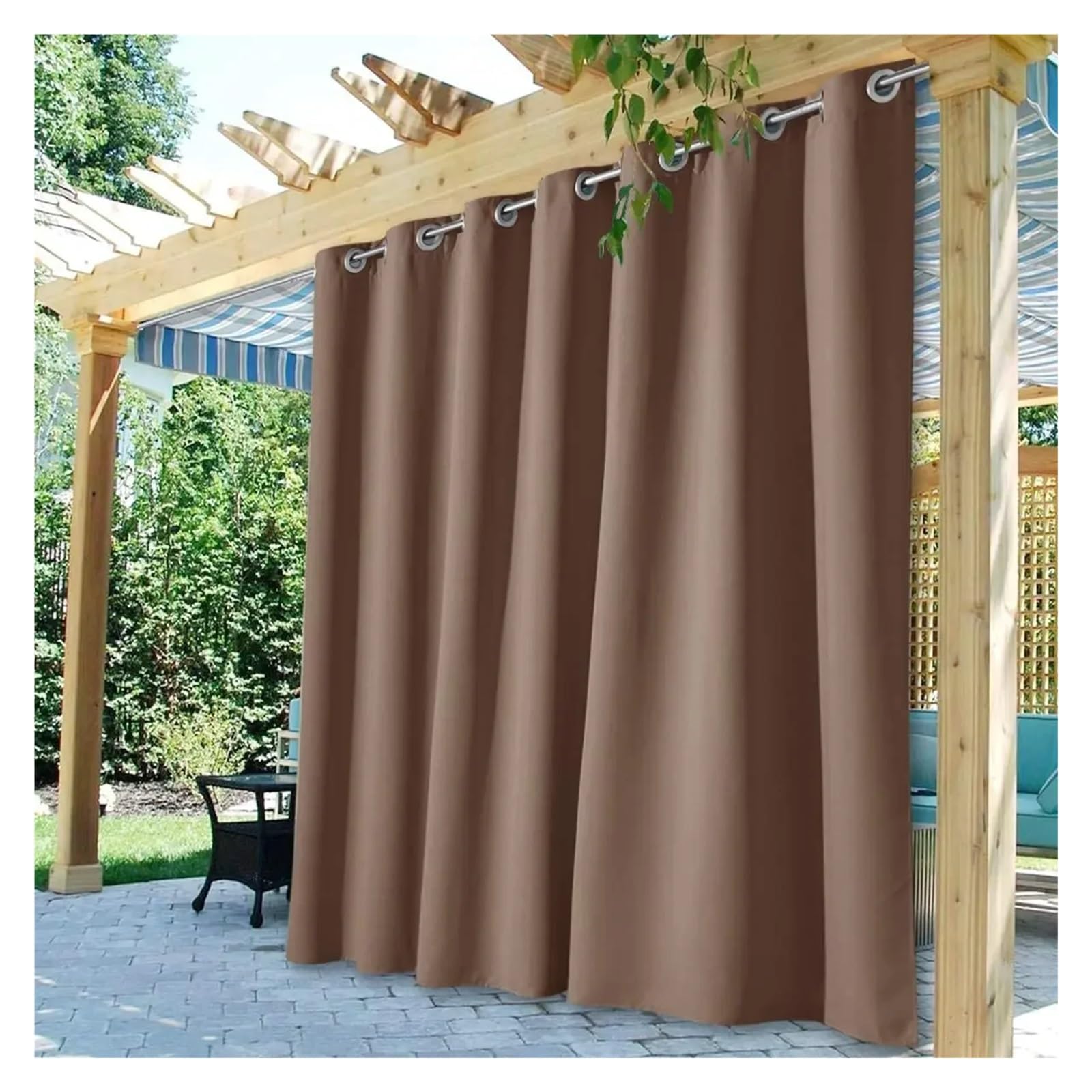 Wodoodporny zewnętrzny do drzwi przesuwnych, brązowy, 1 panel (szer. 300 x dł. 245 cm) - projekt Opaca na patio, werandę, altanę i wejście - listwa górna